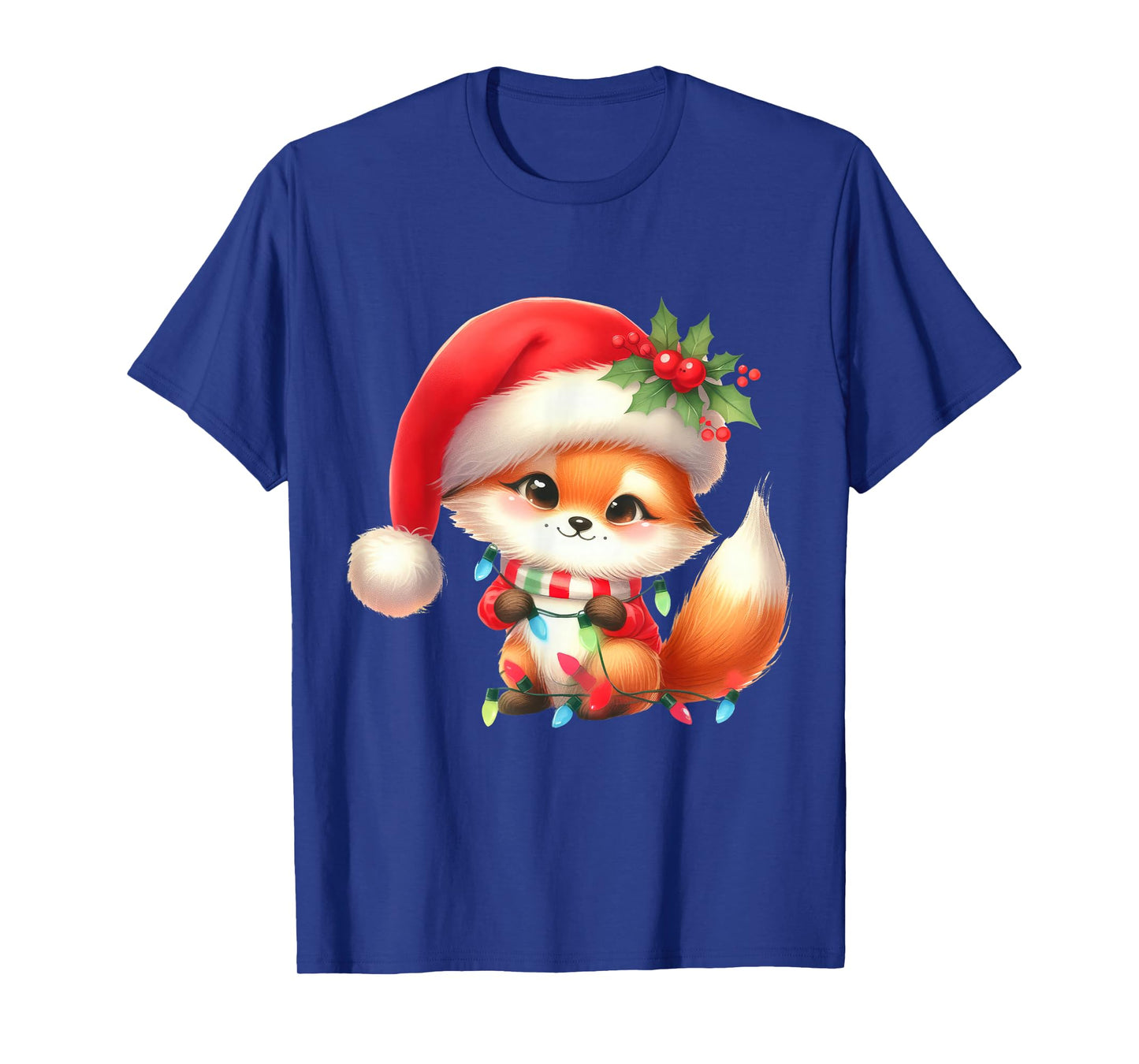 Fox Christmas Lights Funny Santa Hat Merry Xmas T-Shirt