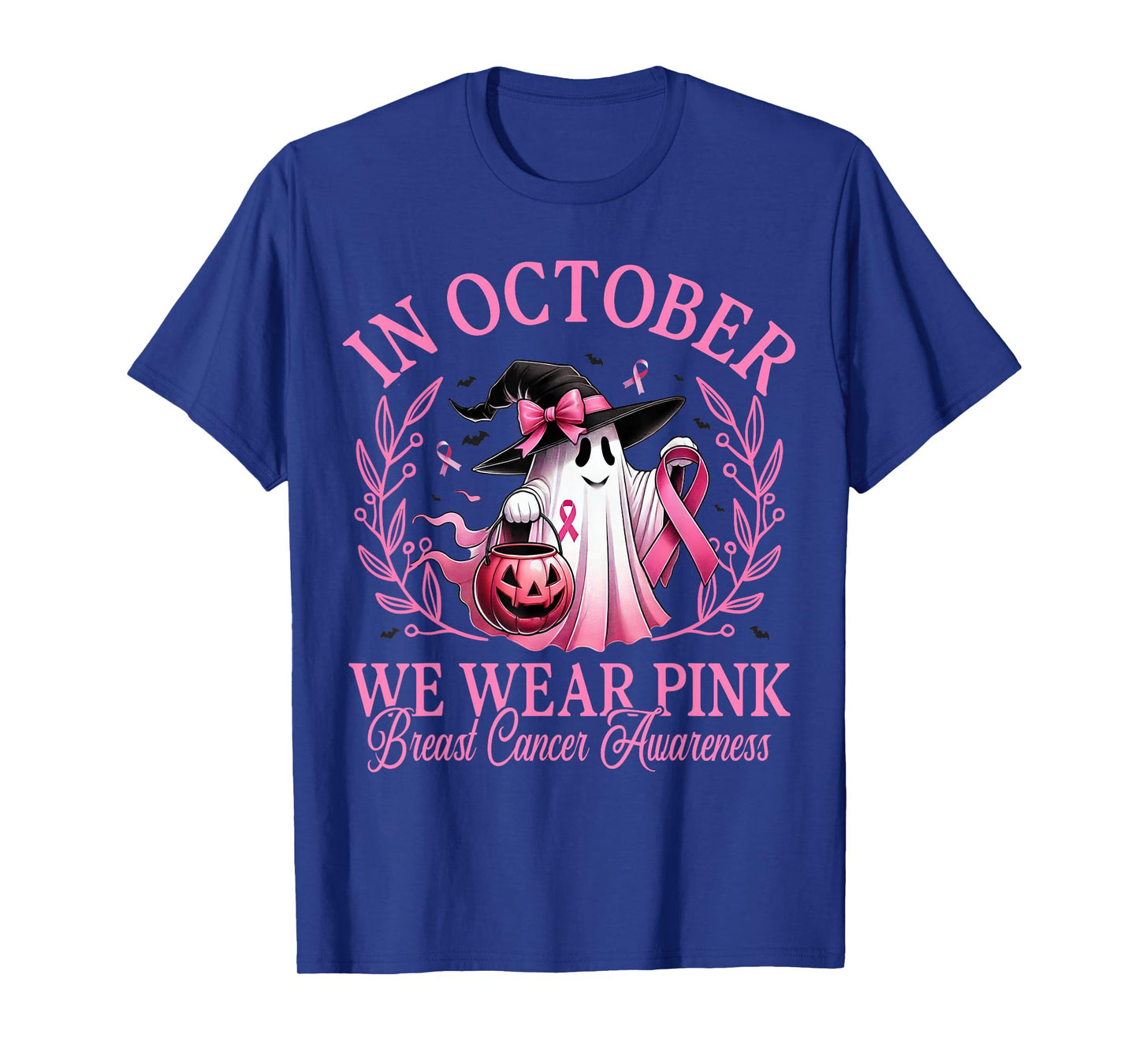 in October We Wear Pink Ghost Witch Breast Cancer Awareness T-Shirt