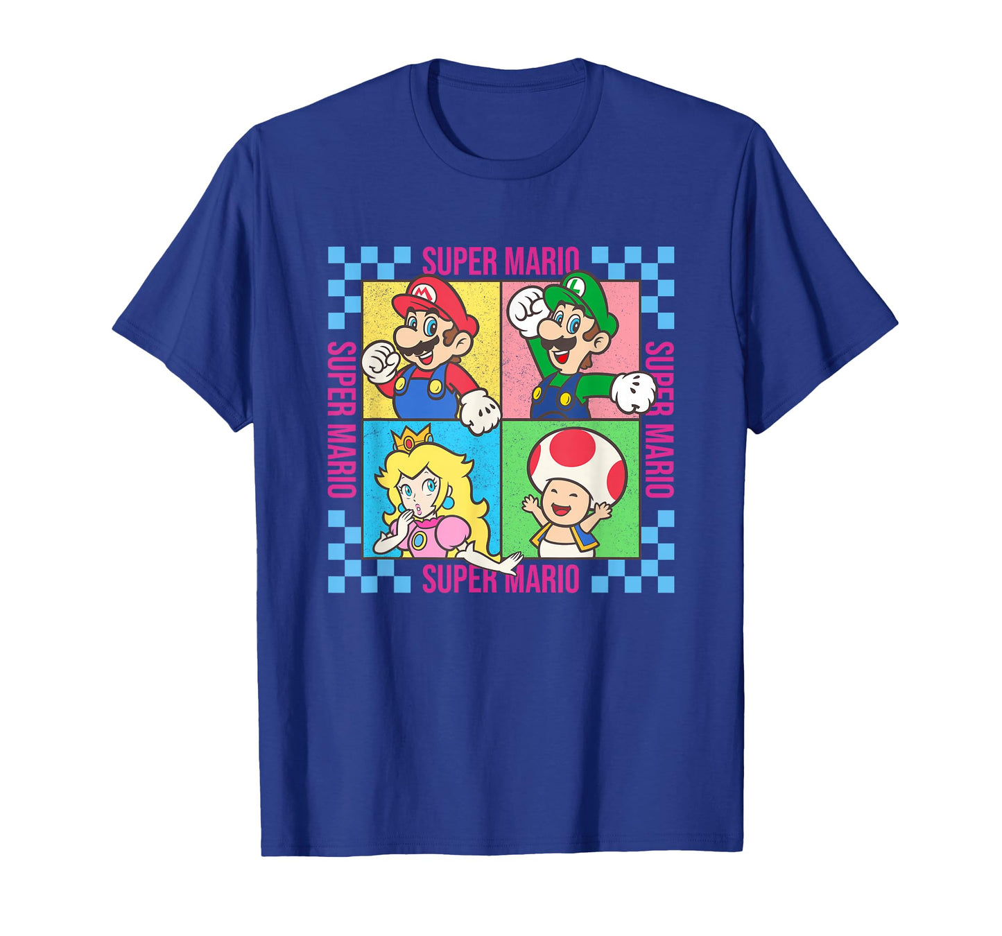 Super Mario Neon Pastel Checkerboard Frame Group Shot T-Shirt