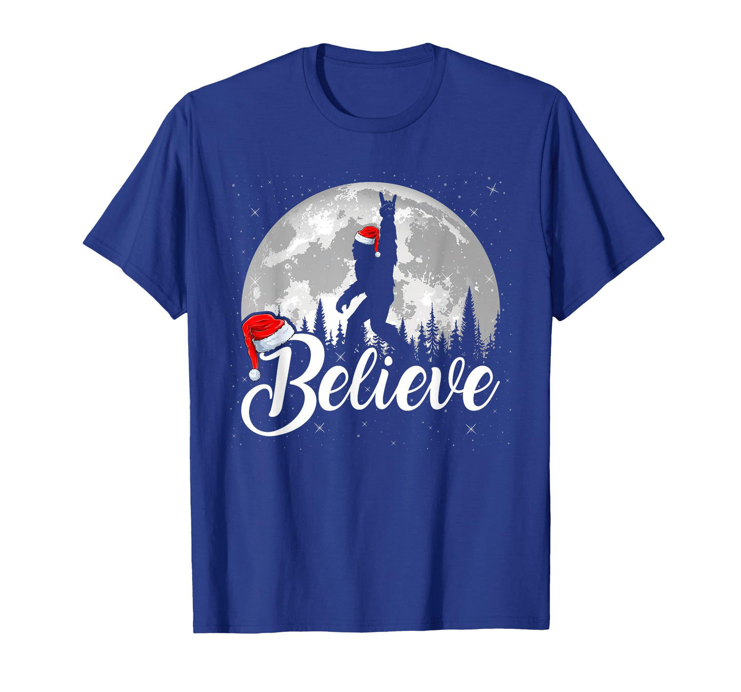 Believe Xmas Santa Bigfoot Sasquatch in Moon Light Christmas T-Shirt