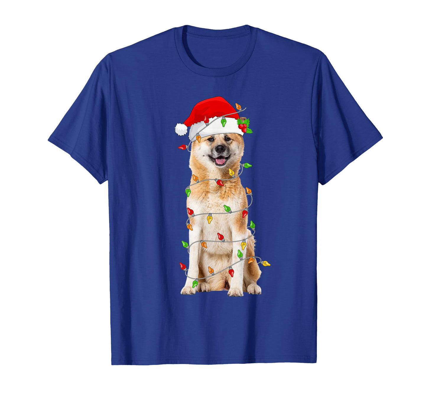 Akita Inu Christmas Santa Hat Lights Funny Pet Dog Xmas T-Shirt