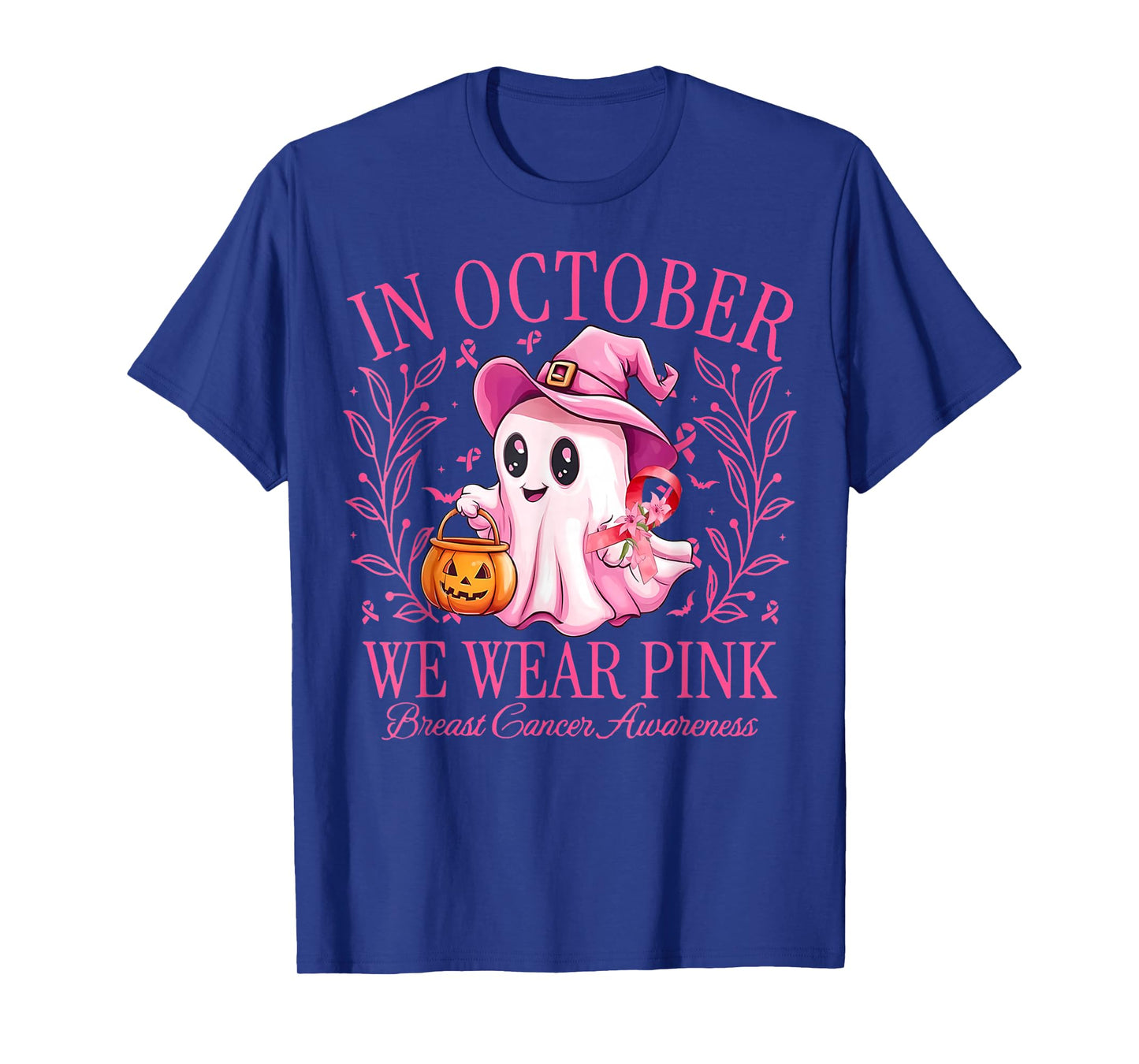 in October We Wear Pink Ghost Witch Breast Cancer Awareness T-Shirt