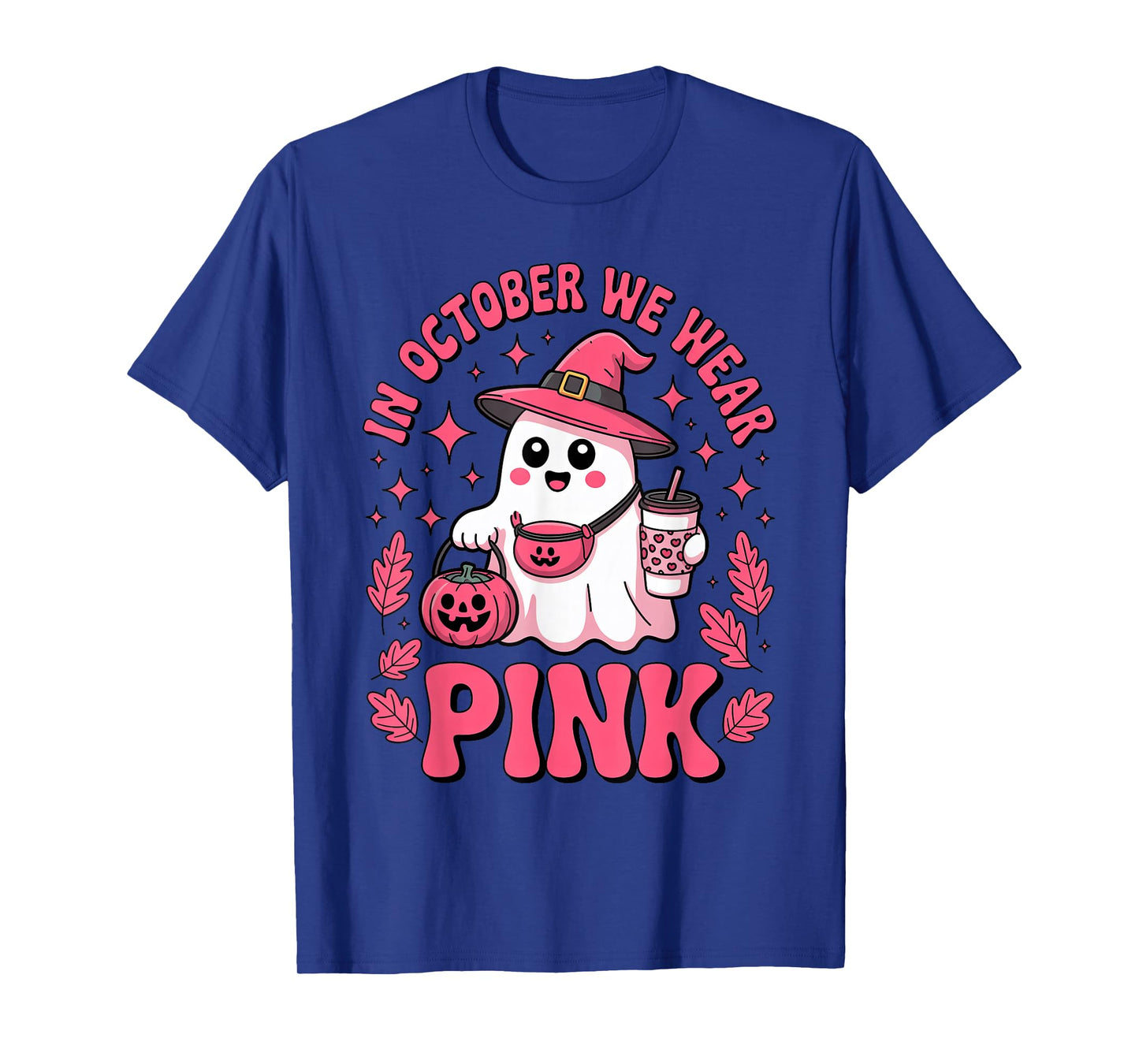 Halloween Witch Ghost with Coffee in October We Wear Pink T-Shirt