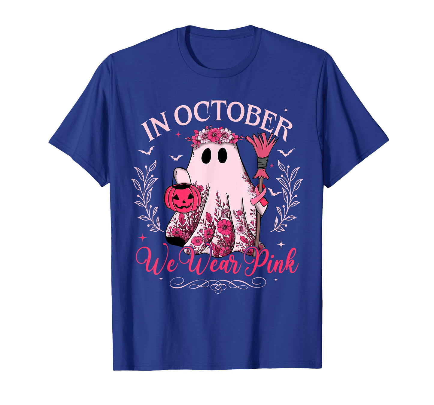 in October Wear Pink Breast Cancer Warrior Ghost Halloween T-Shirt