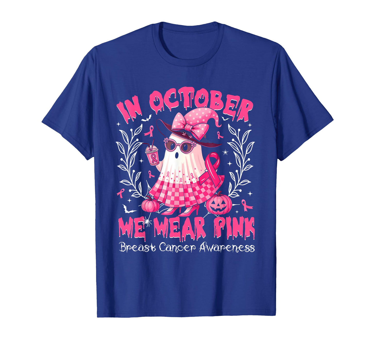 in October We Wear Pink Ghost Witch Breast Cancer Awareness T-Shirt