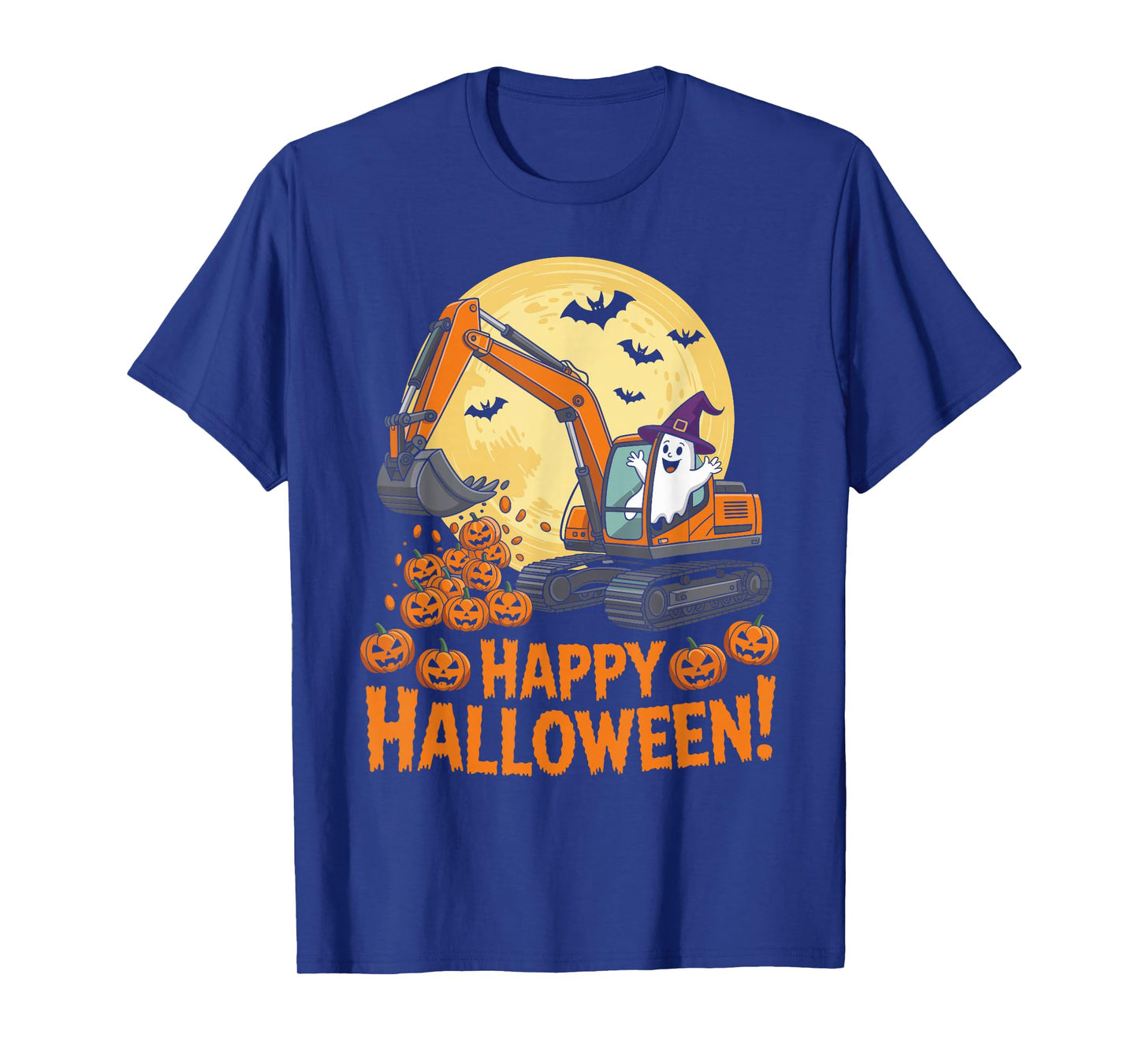Happy Halloween Ghost Pumpkins and Excavator Construction T-Shirt