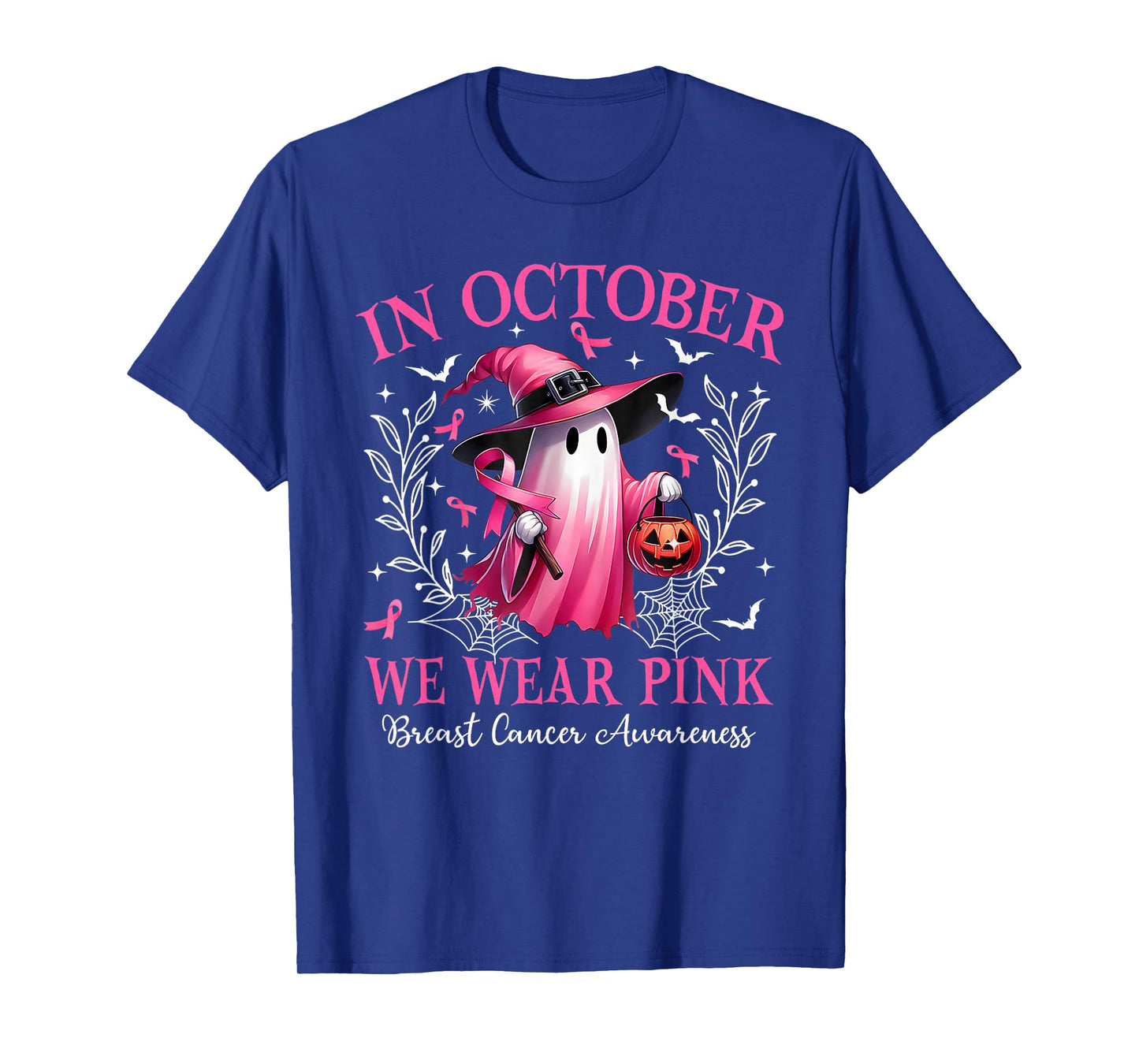 in October We Wear Pink Halloween Witch Ghost Pumpkin T-Shirt