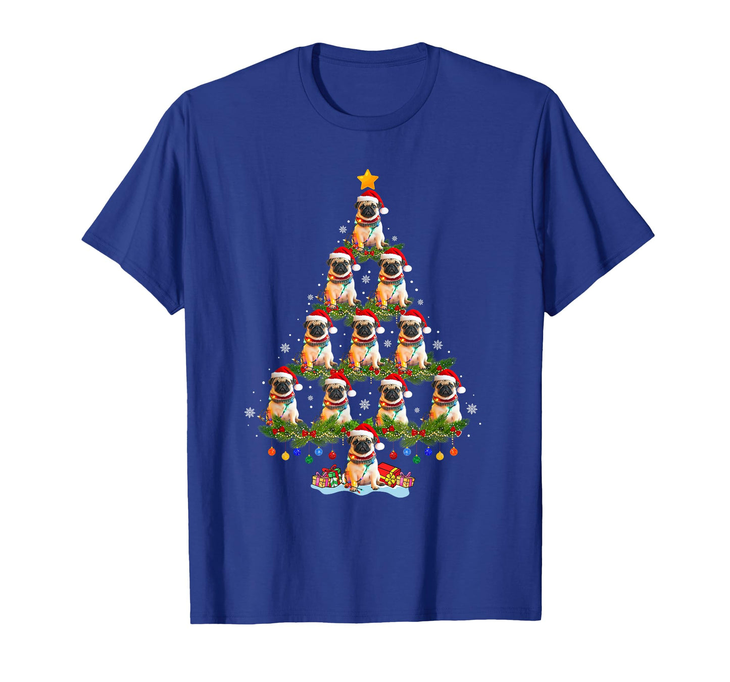 Funny Christmas Pug Dog Santa Hat Christmas Tree Lights T-Shirt