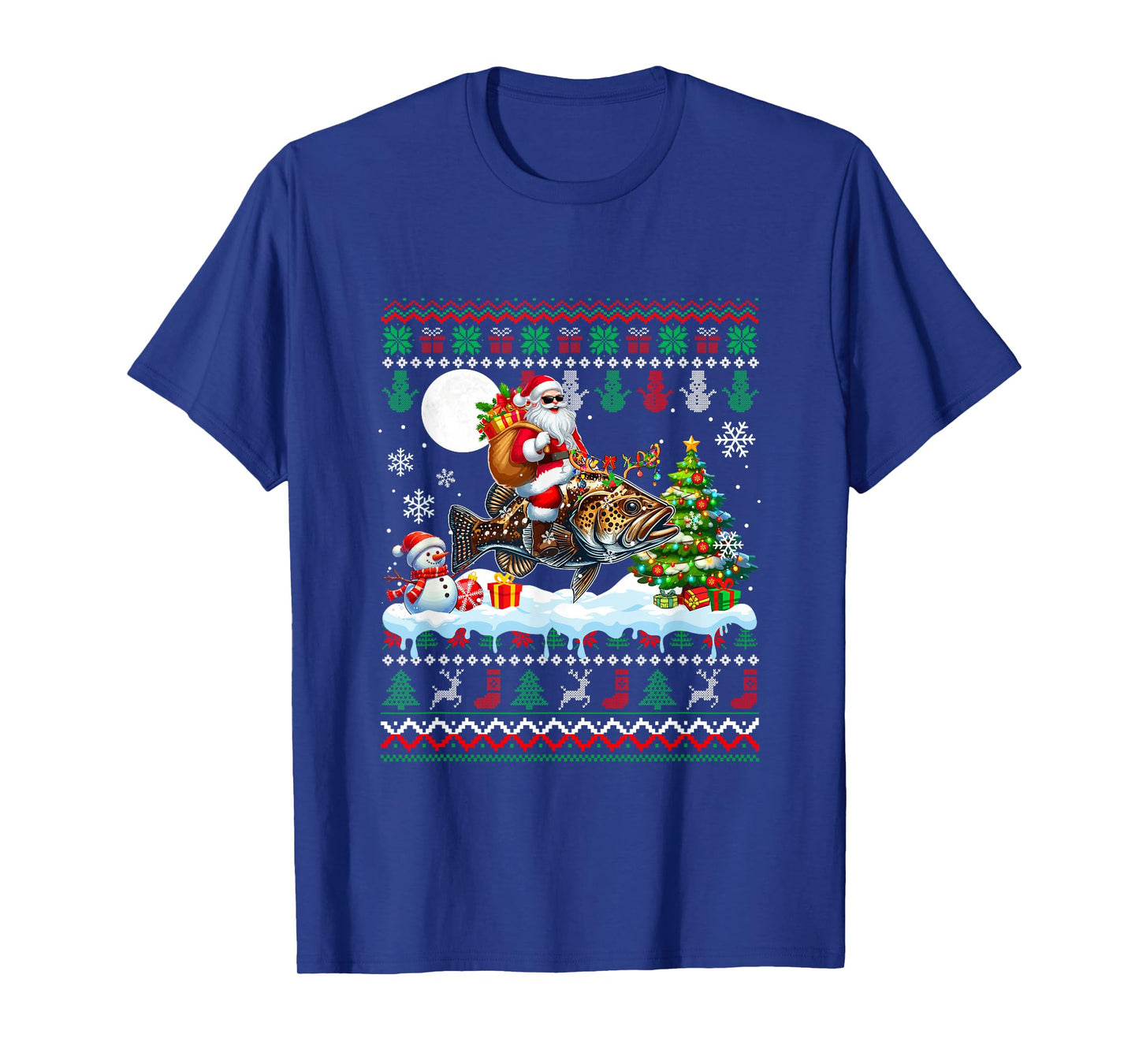 Santa Riding Reindeer Grouper Sweater Xmas Tree Snowman T-Shirt