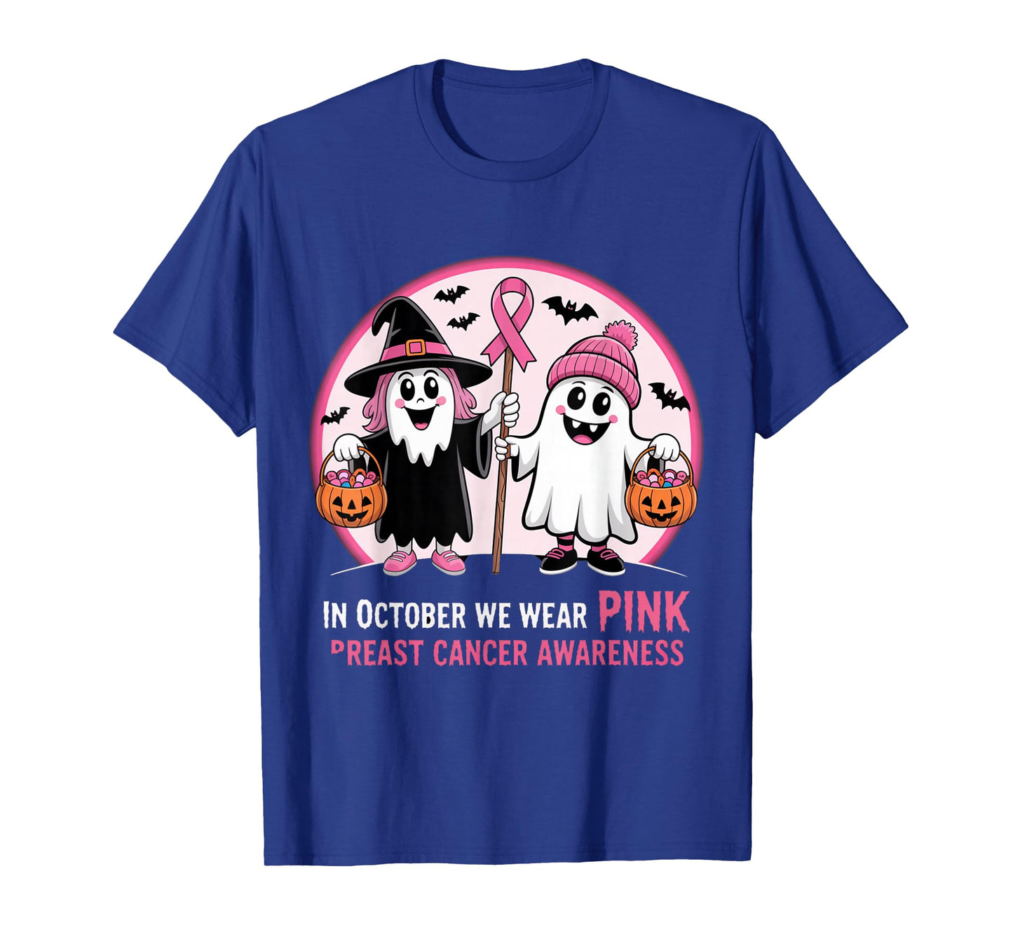in October We Wear Pink Ghost Witch Breast Cancer Awareness T-Shirt