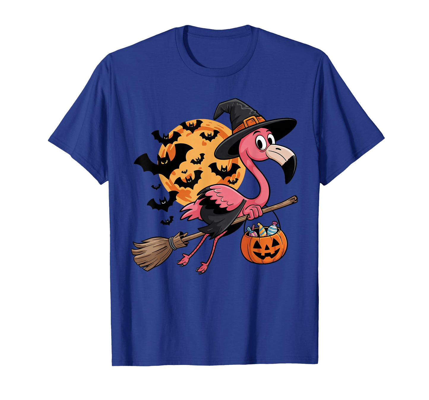 Flamingo in Witch Hat on a Broom Halloween Spooky Costume T-Shirt
