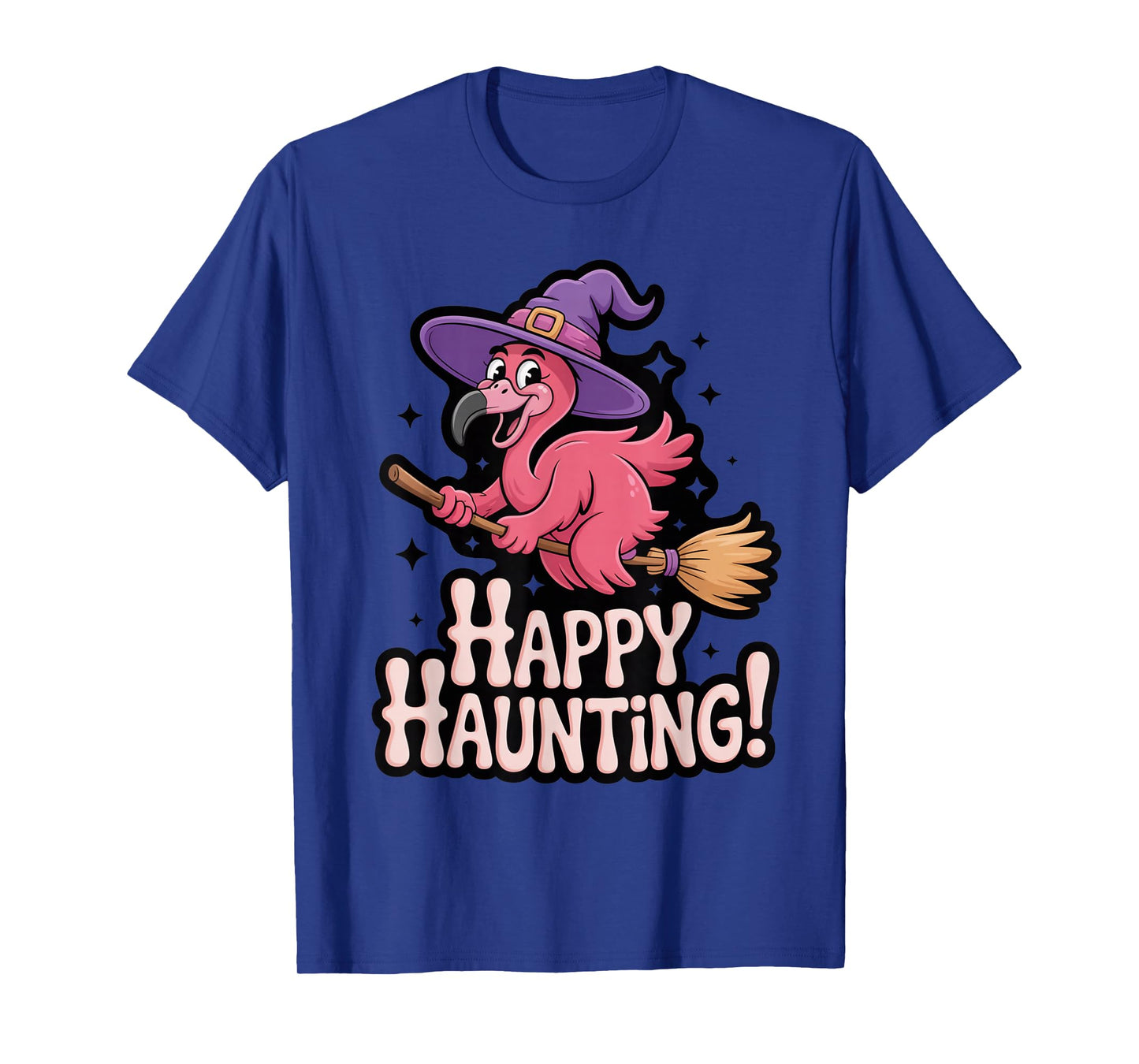 Happy Haunting Flamingo Witch on Broom T-Shirt