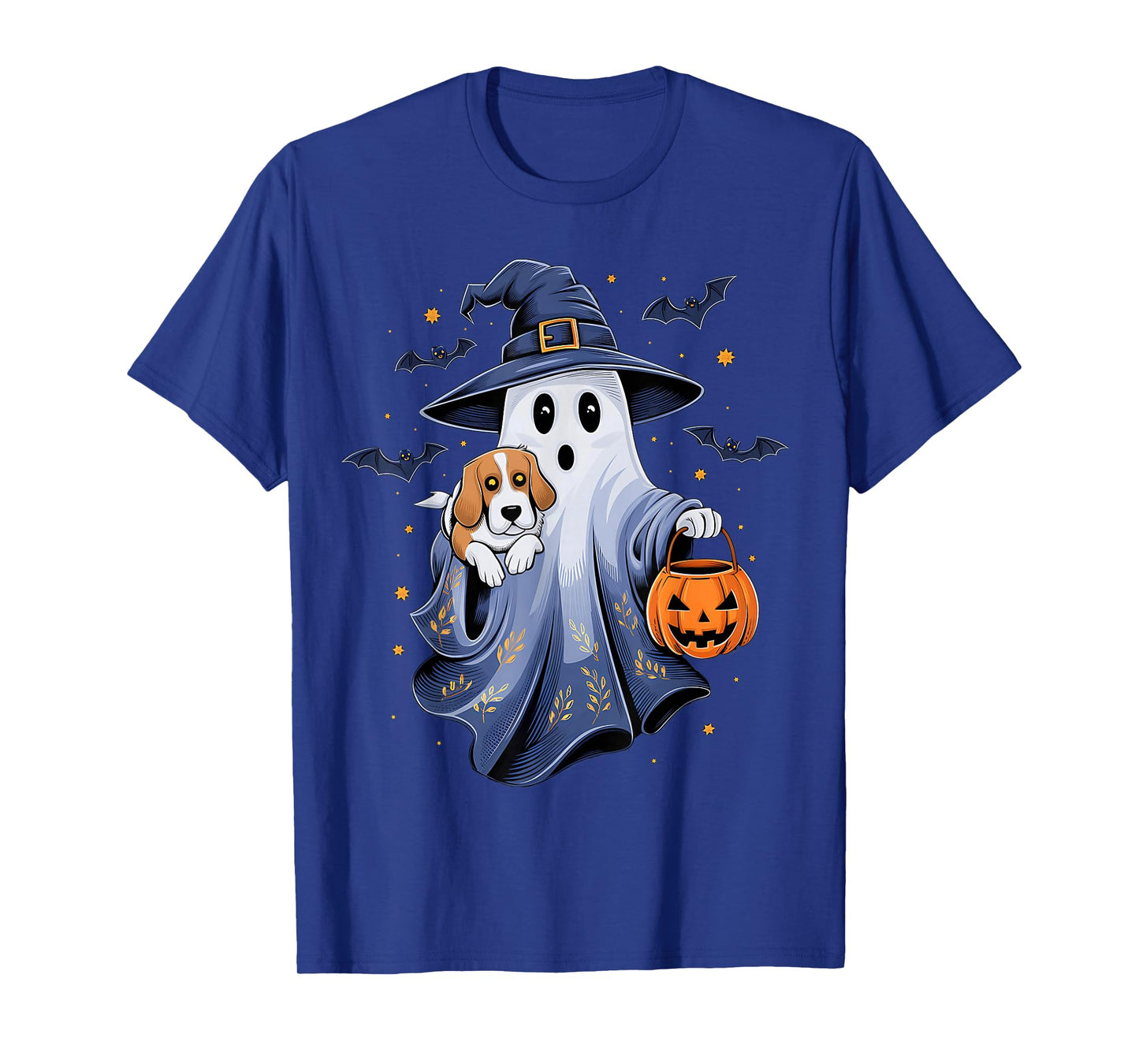 Ghost Witch Holding Beagle Dog Pumpkins Vintage Halloween T-Shirt