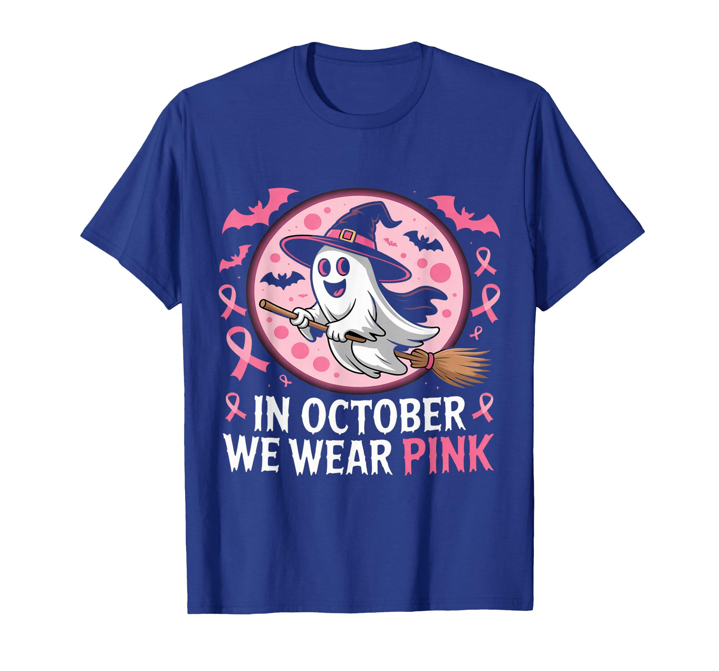 in October We Wear Pink Ghost Witch Breast Cancer Awareness T-Shirt