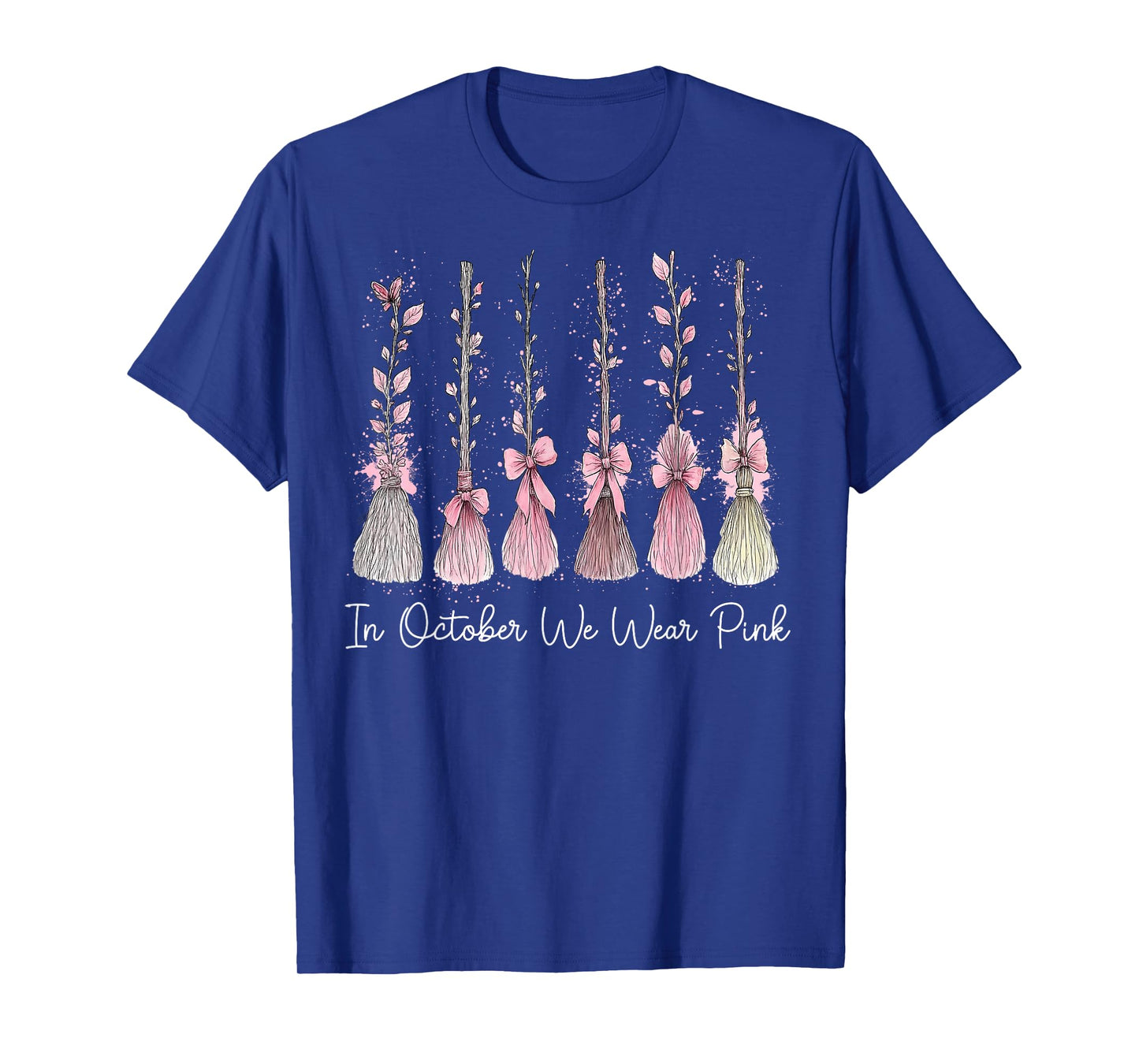 in October We Wear Pink Witch Broom Halloween Breast Cancer T-Shirt