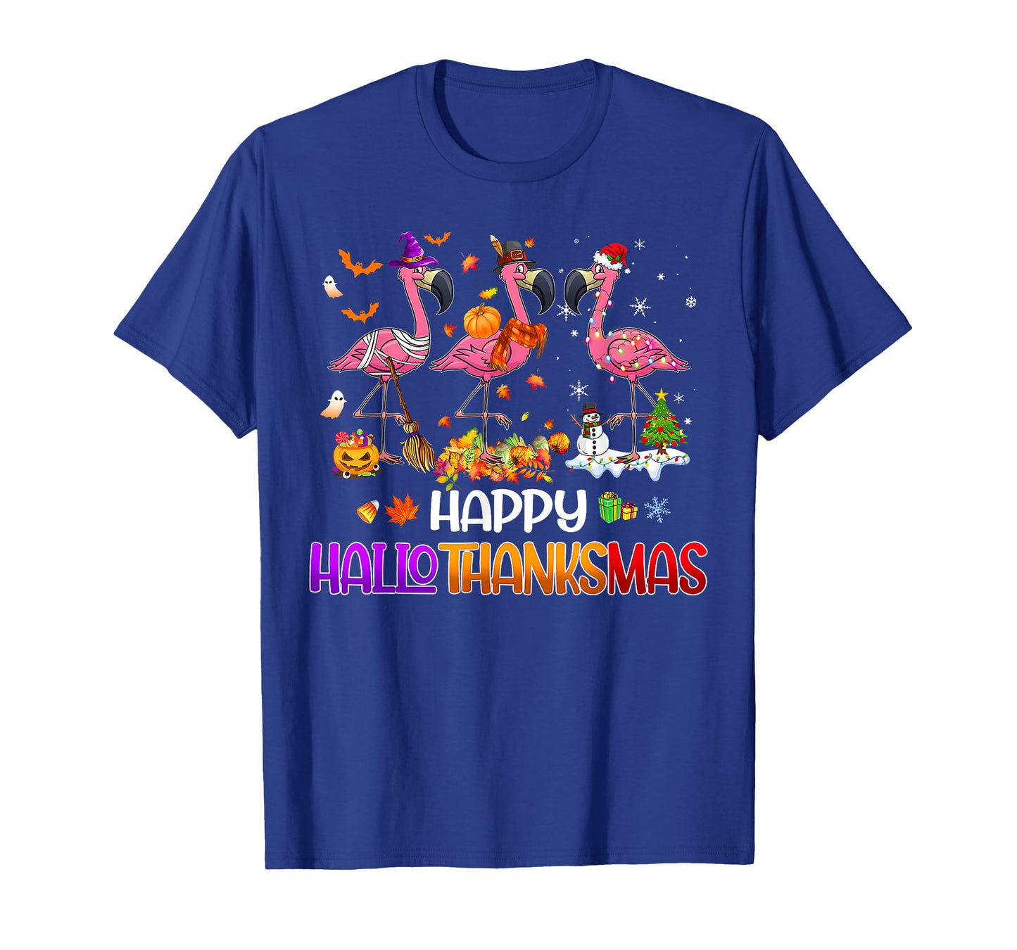 Happy Hallothanksmas Xmas Halloween Thanksgiving Flamingo T-Shirt