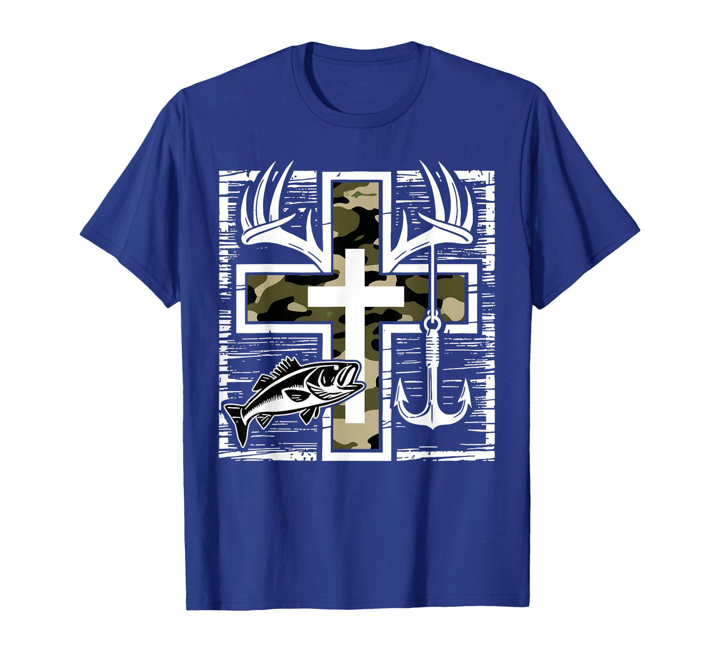Faith Fishing Hunting Camo Cross with Hook Bass Christian T-Shirt