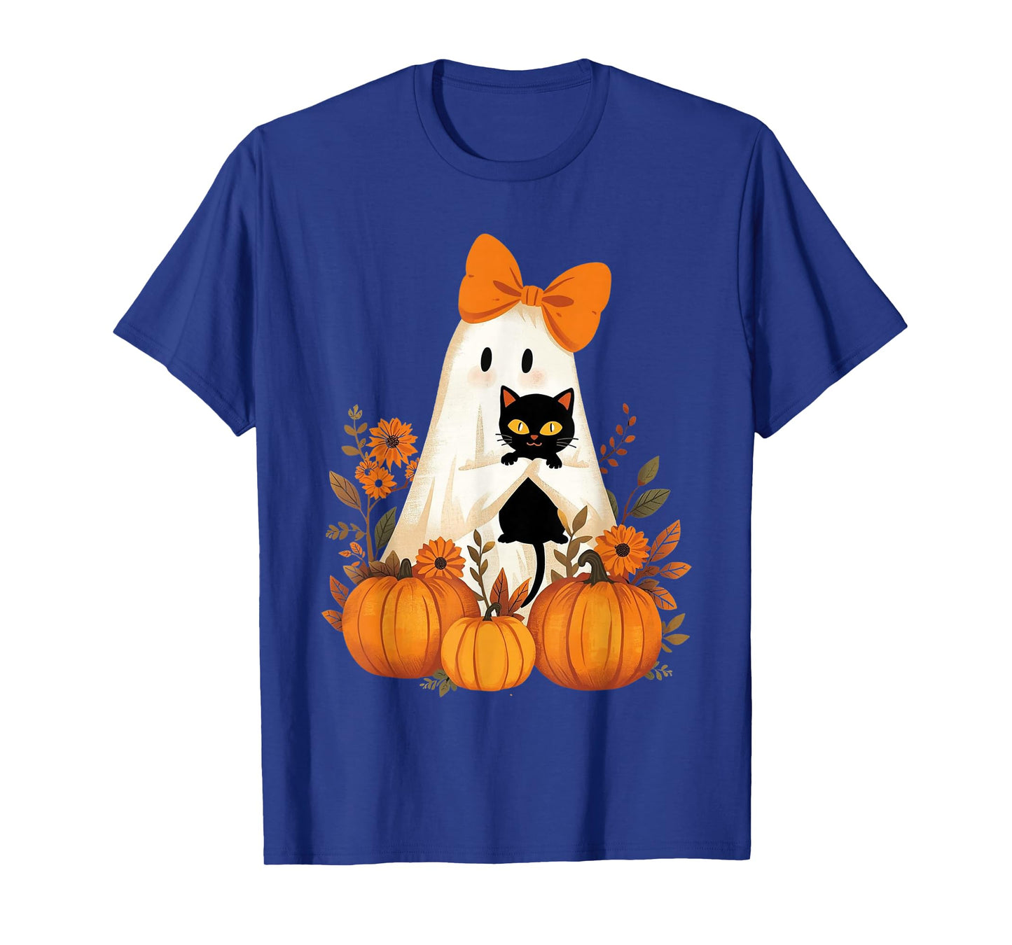 Vintage Halloween Ghost Holding Cat Groovy Floral Cat Meme T-Shirt