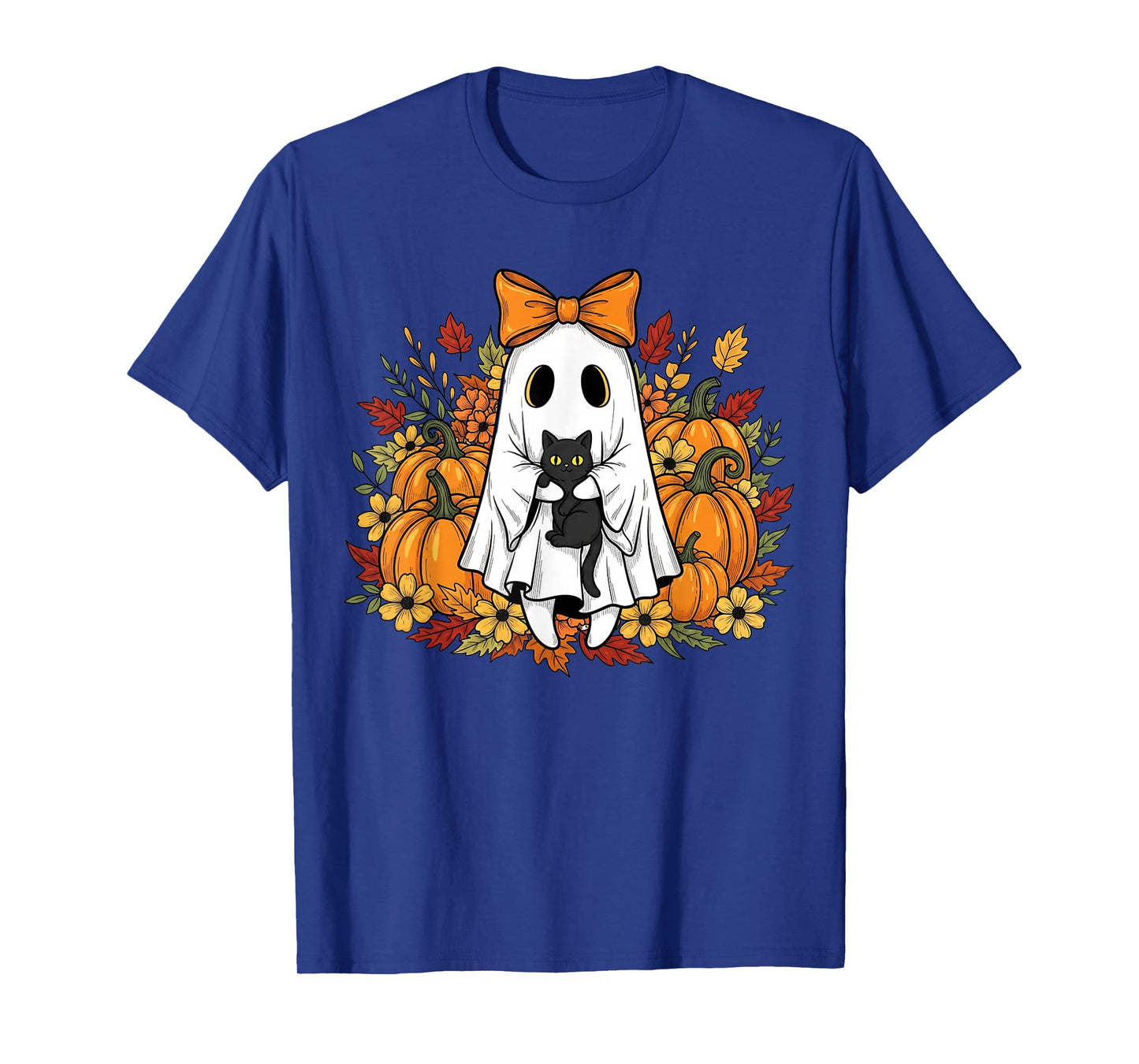 Vintage Halloween Ghost Holding Black Cat Groovy Floral T-Shirt