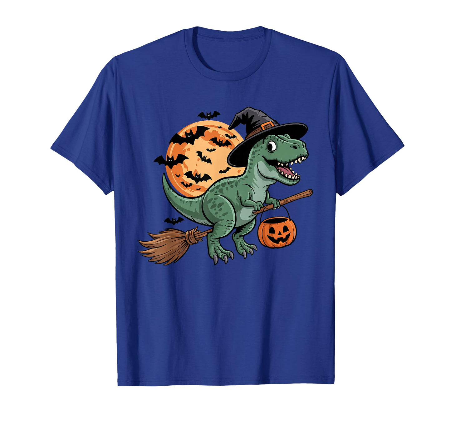 Halloween Dinosaur Witch Hat and Broom Pumpkin Candy Bucket T-Shirt