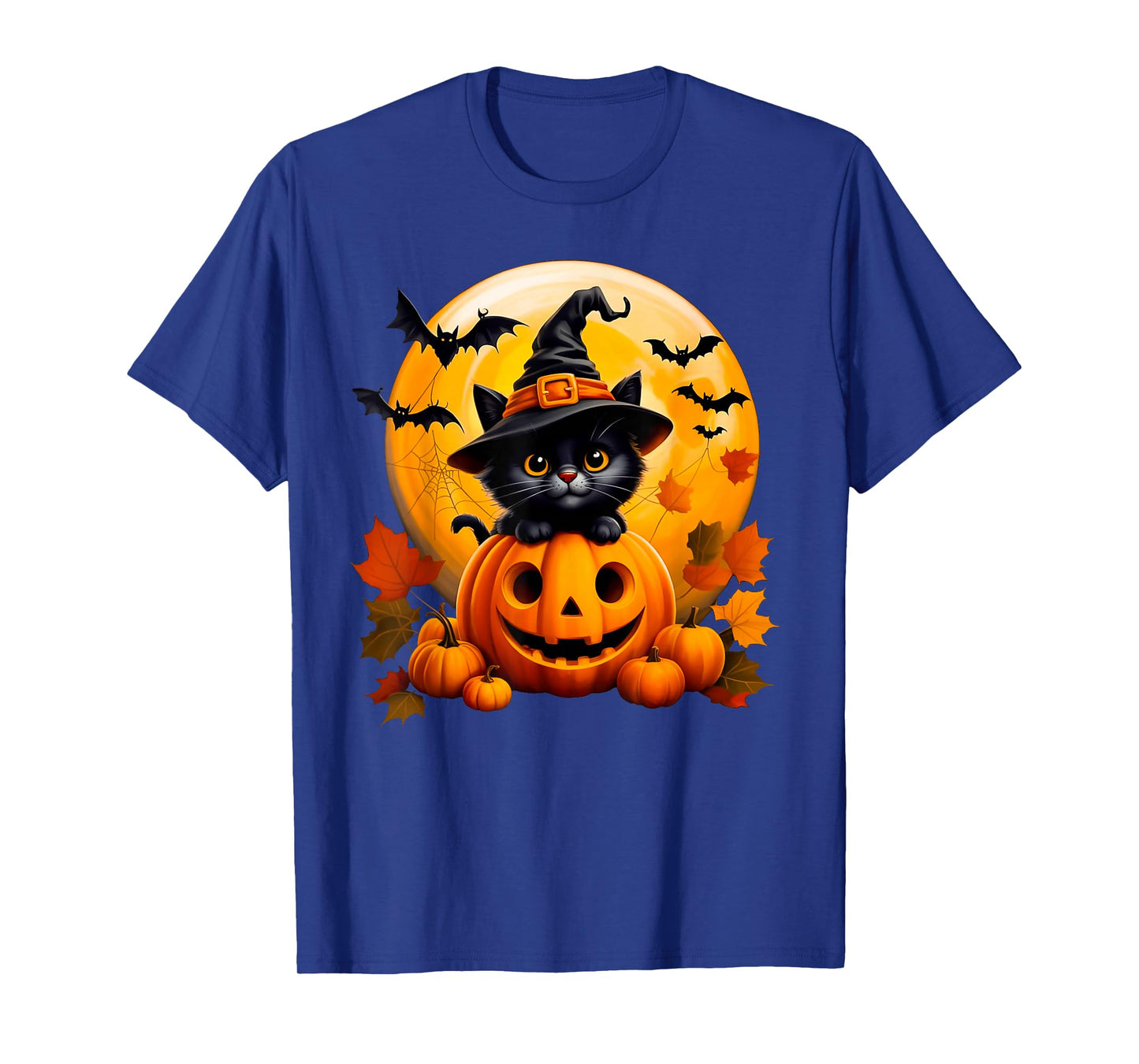 Black Witch cat with Pumpkins Bats for Autumn Fall Halloween T-Shirt