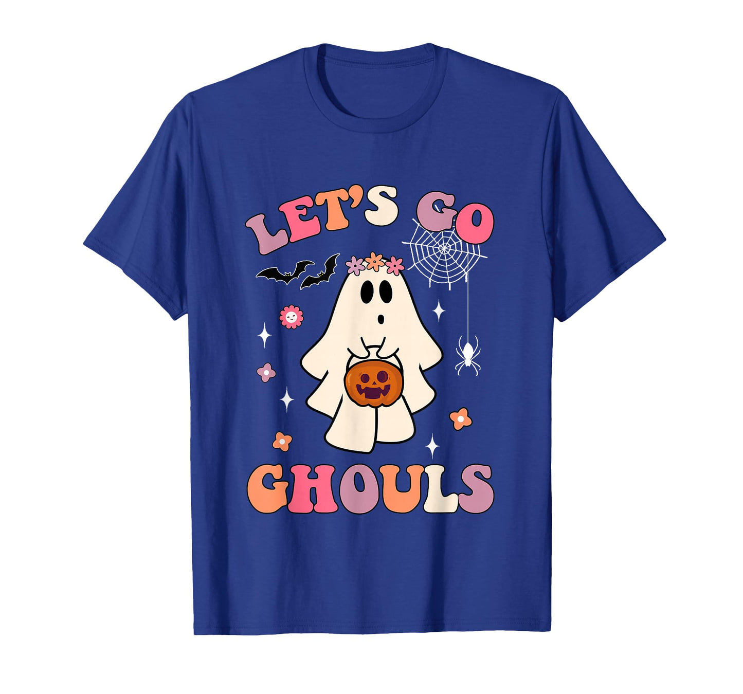 Funny Halloween Ghost Holding Pumpkin Let's Go Ghouls Groovy T-Shirt
