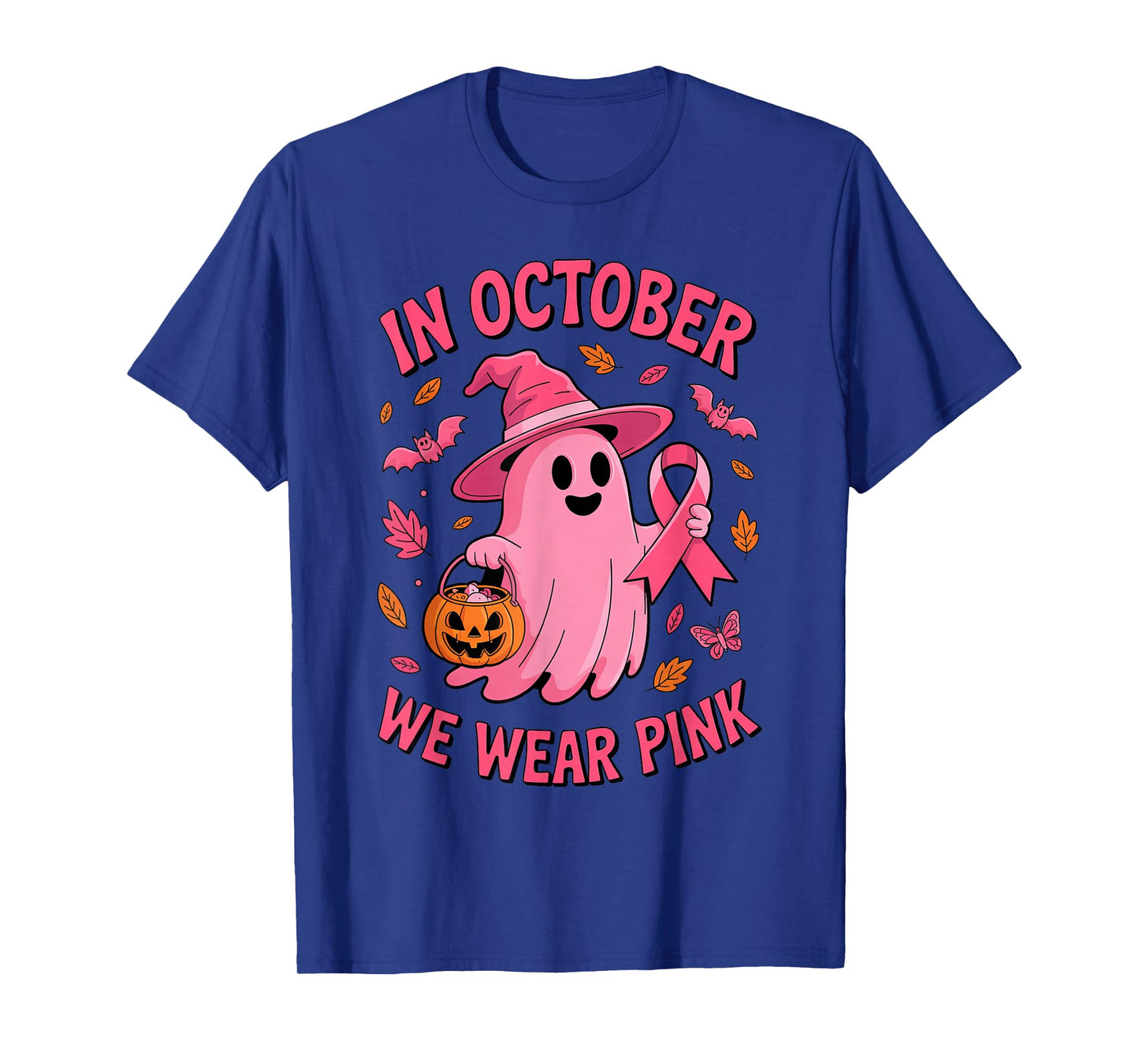 in October We Wear Pink Ribbon Ghost Halloween Breast Cancer T-Shirt