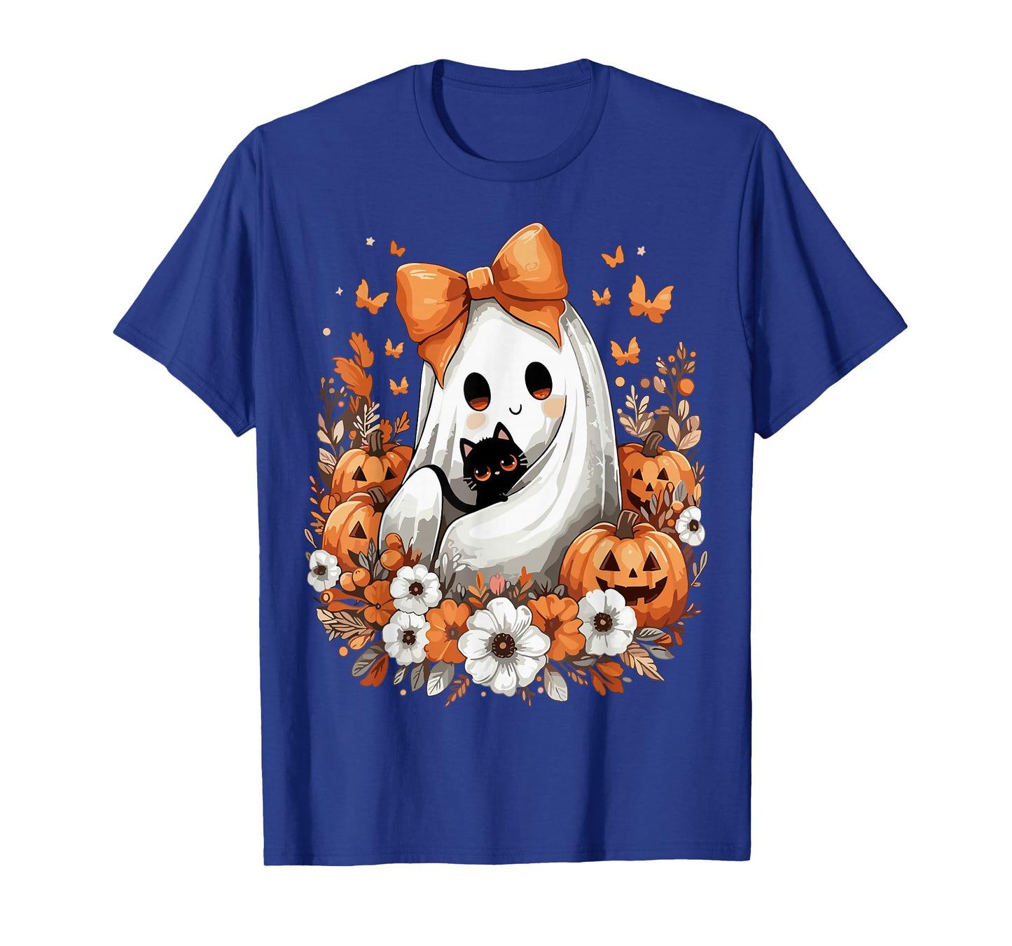 Halloween Vintage Ghost with Black Cat Pumpkin Flowers T-Shirt