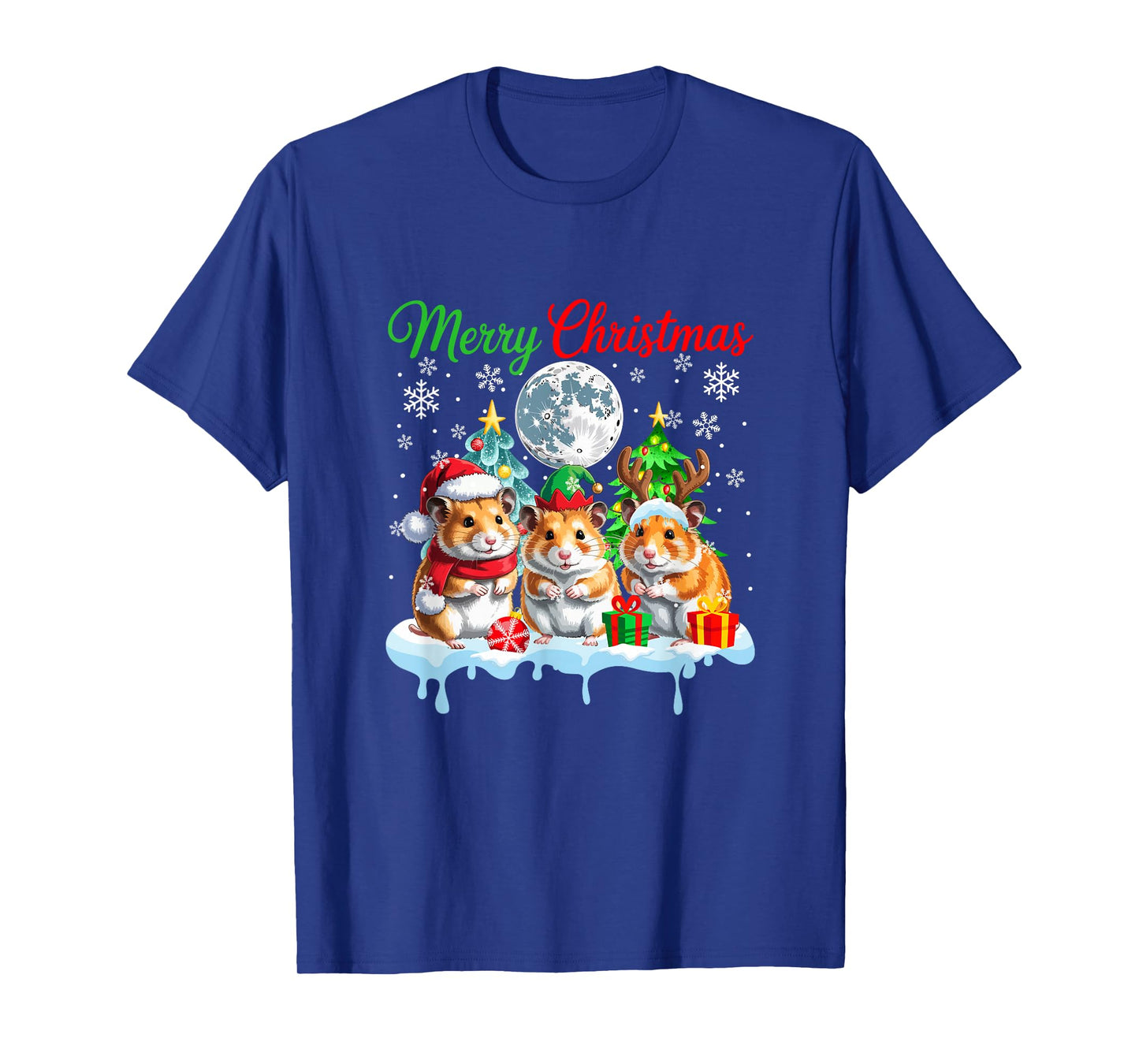 Merry Christmas Three Santa Elf Reindeer Hamsters Rodent T-Shirt