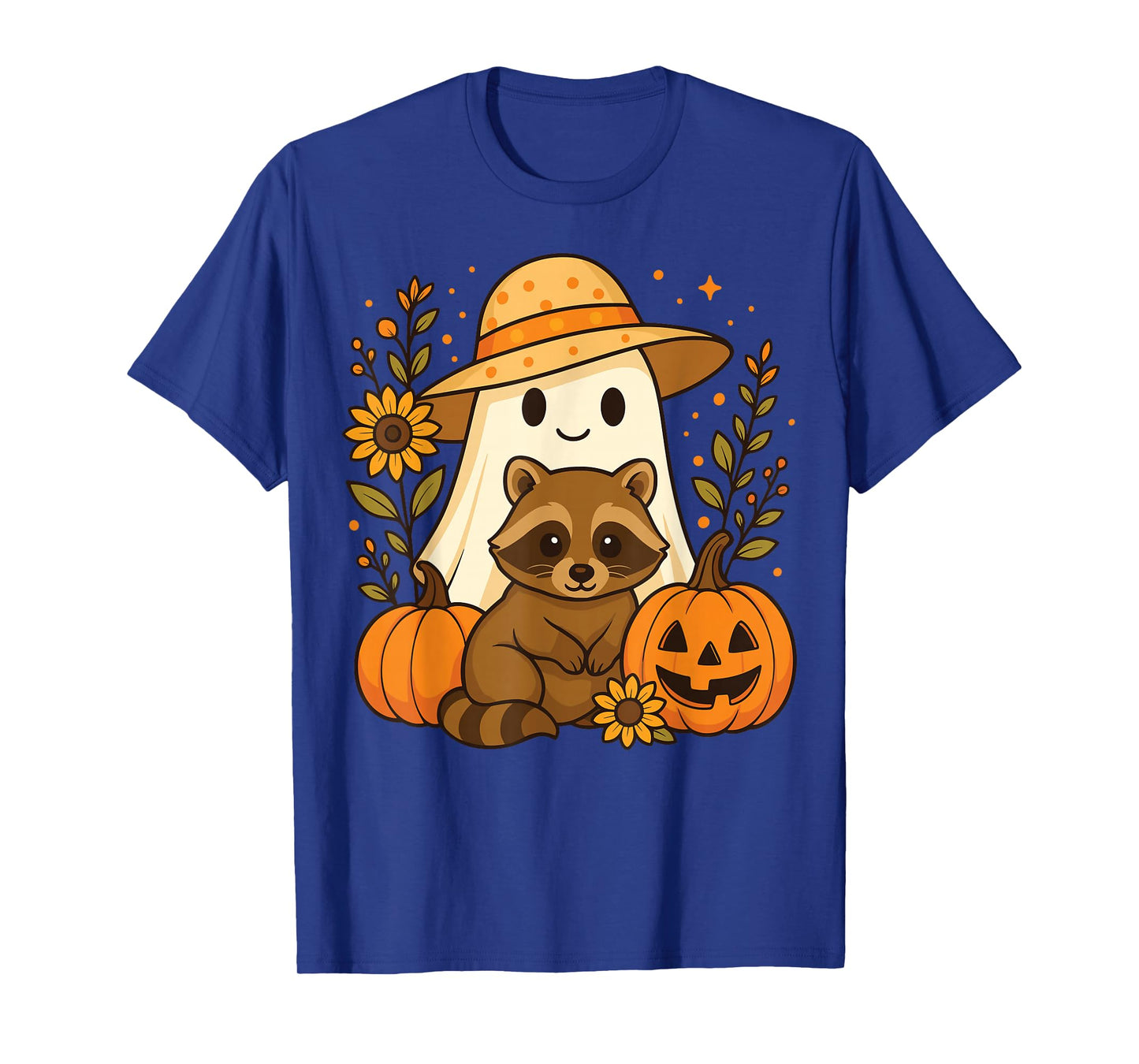 Vintage Halloween Ghost Holding Raccoon Groovy Floral Fall T-Shirt