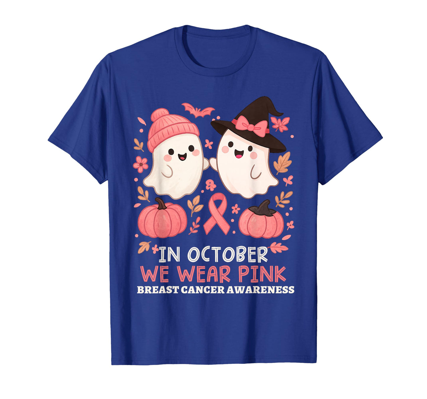 in October We Wear Pink Ghost Witch Breast Cancer Awareness T-Shirt