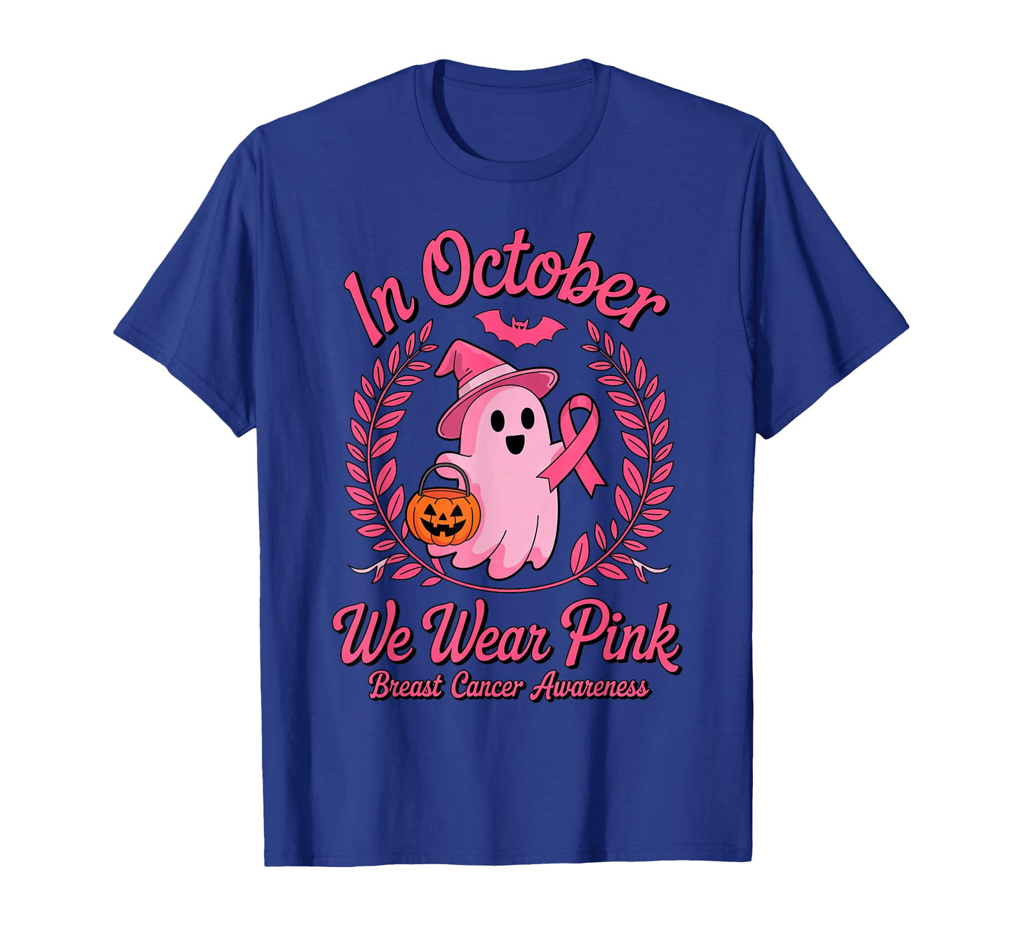 in October We Wear Pink Halloween Ghost Witch Breast Cancer T-Shirt