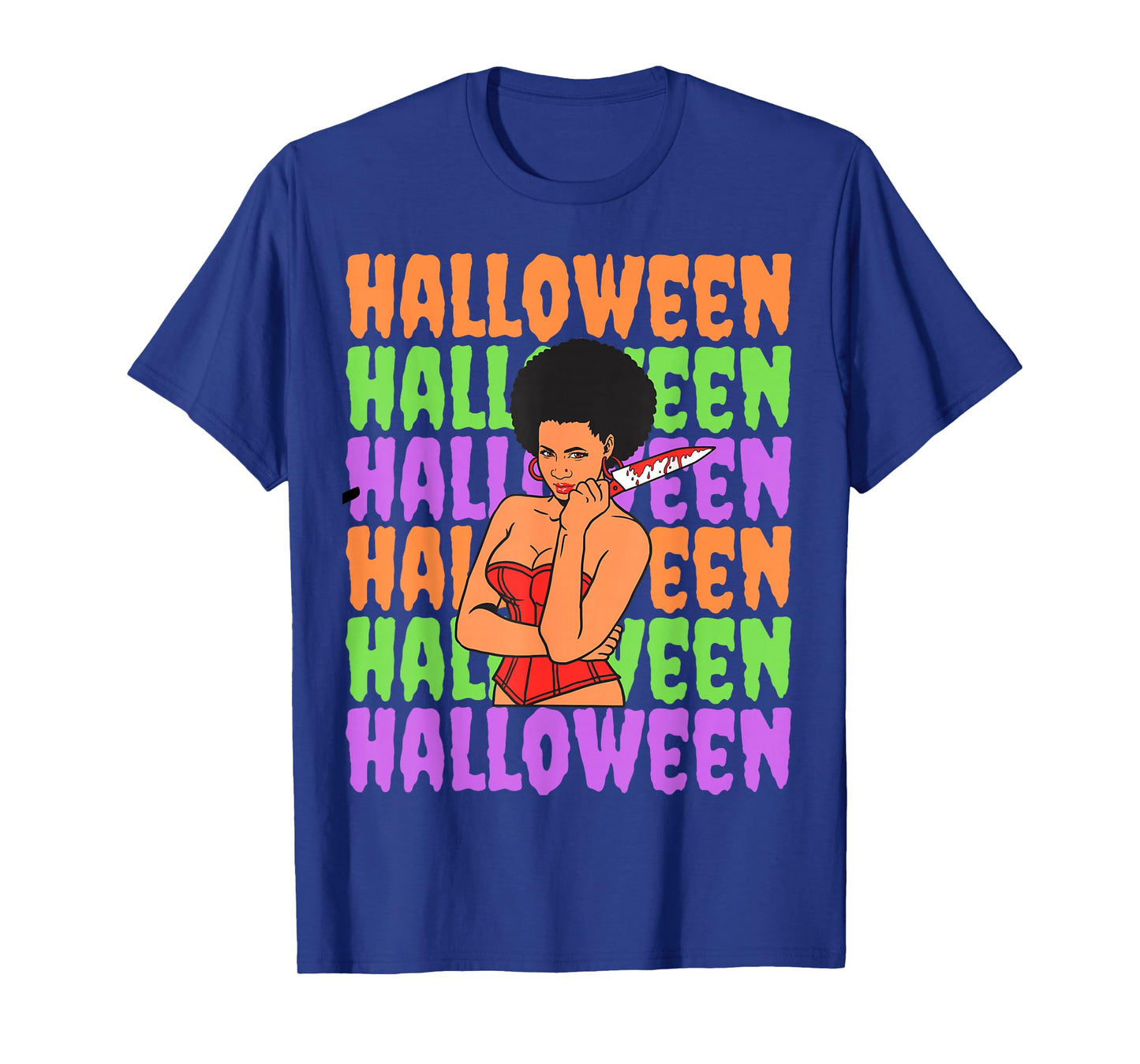 Funny Melanin Halloween Black Girl Magic Scary Blood Knife T-Shirt