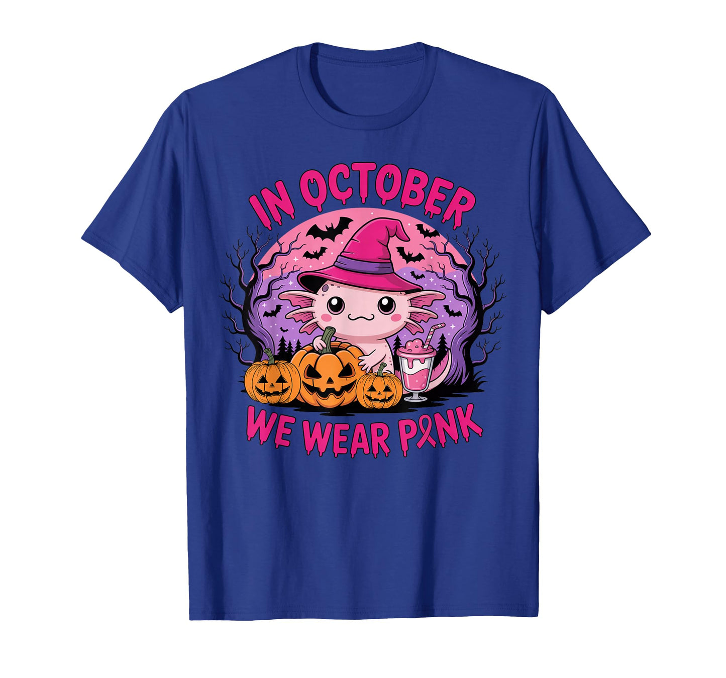 in October We Wear Pink Kawaii Axolotl Witch Pumpkins Squad T-Shirt