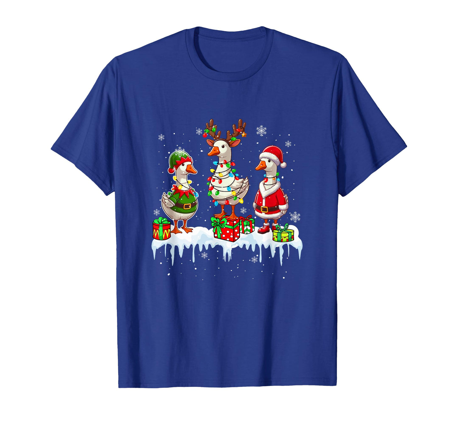 Three Santa Reindeer Elf Gooses Christmas Colorful Lights T-Shirt