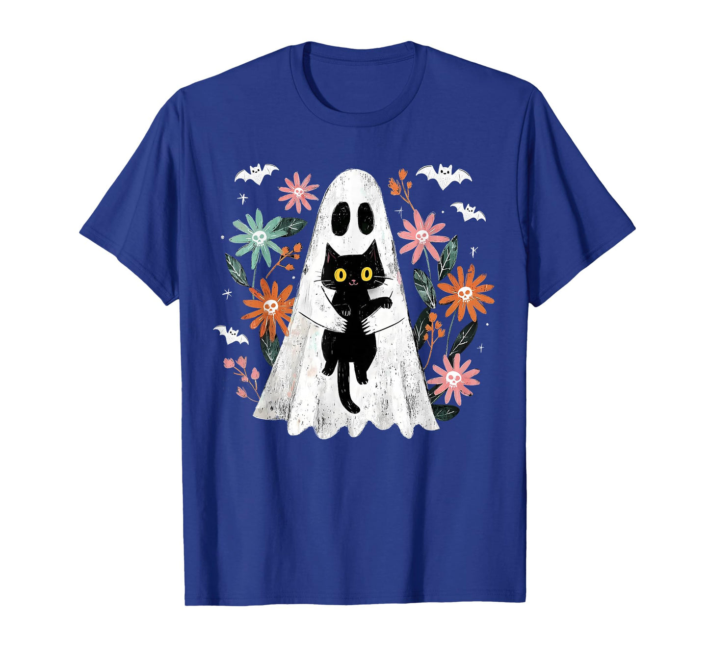 Spooky Ghost Hugging Black Cat Gothic Halloween Floral Skull T-Shirt