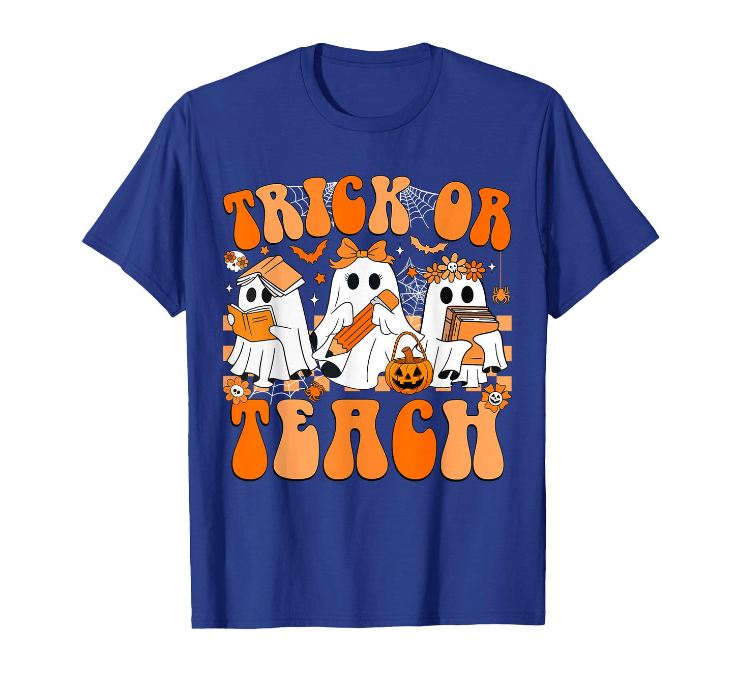 Trick Or Teach Groovy Teacher Halloween Retro Floral Ghost T-Shirt