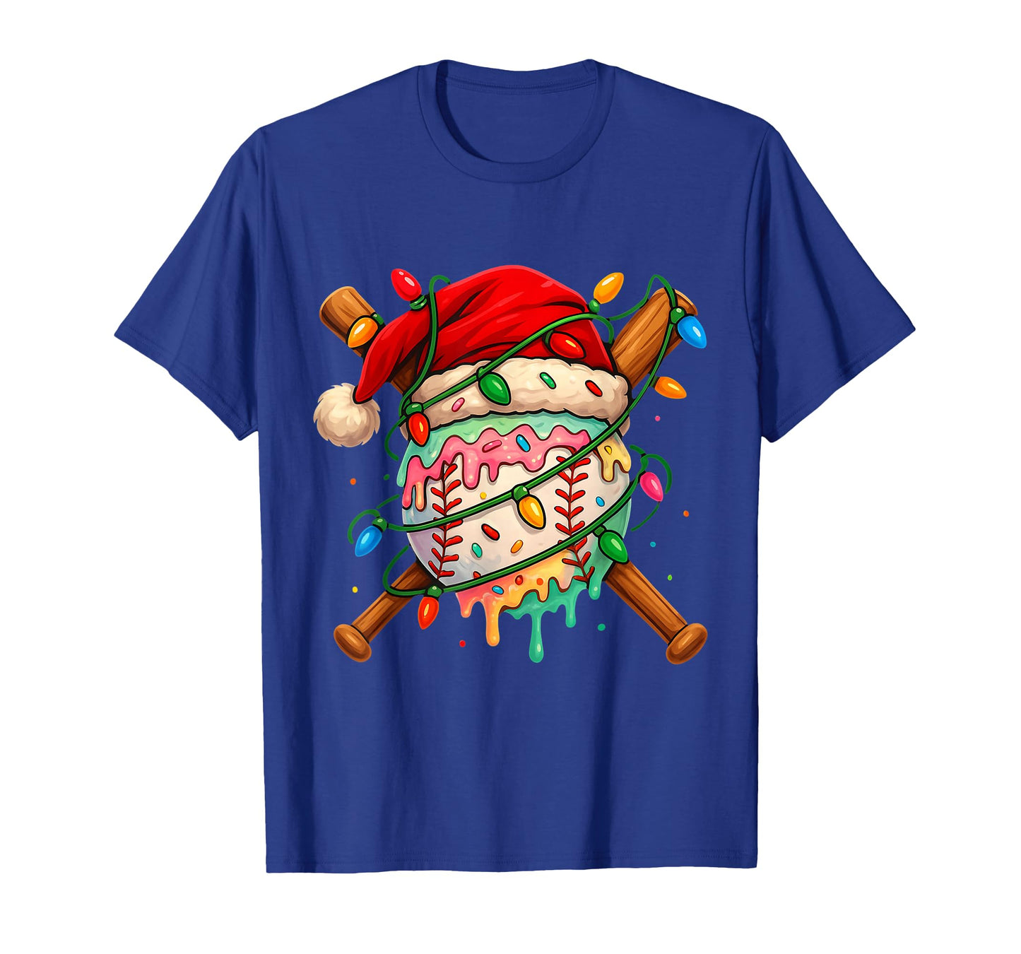 Baseball Christmas Ice Cream Santa Hat Lights Men Kid Family T-Shirt