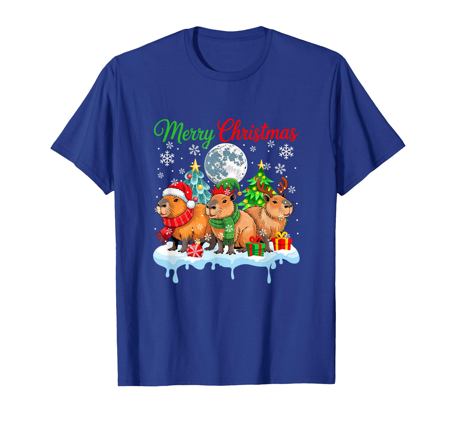 Merry Christmas Three Santa Elf Reindeer Capybaras Rodent T-Shirt