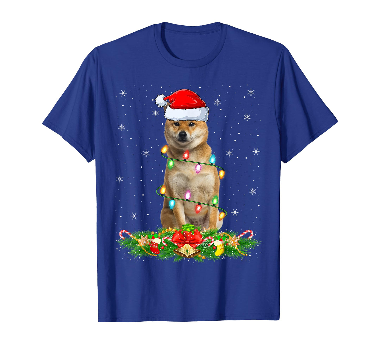 Shiba Inu Dog Christmas Lights Funny Santa Hat Xmas T-Shirt