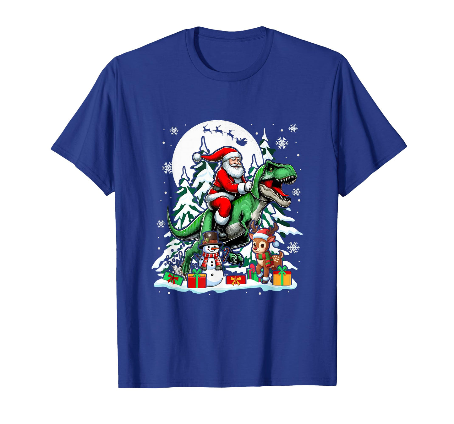 Santa Riding T-Rex Reindeer Snowman Christmas Family Kids T-Shirt