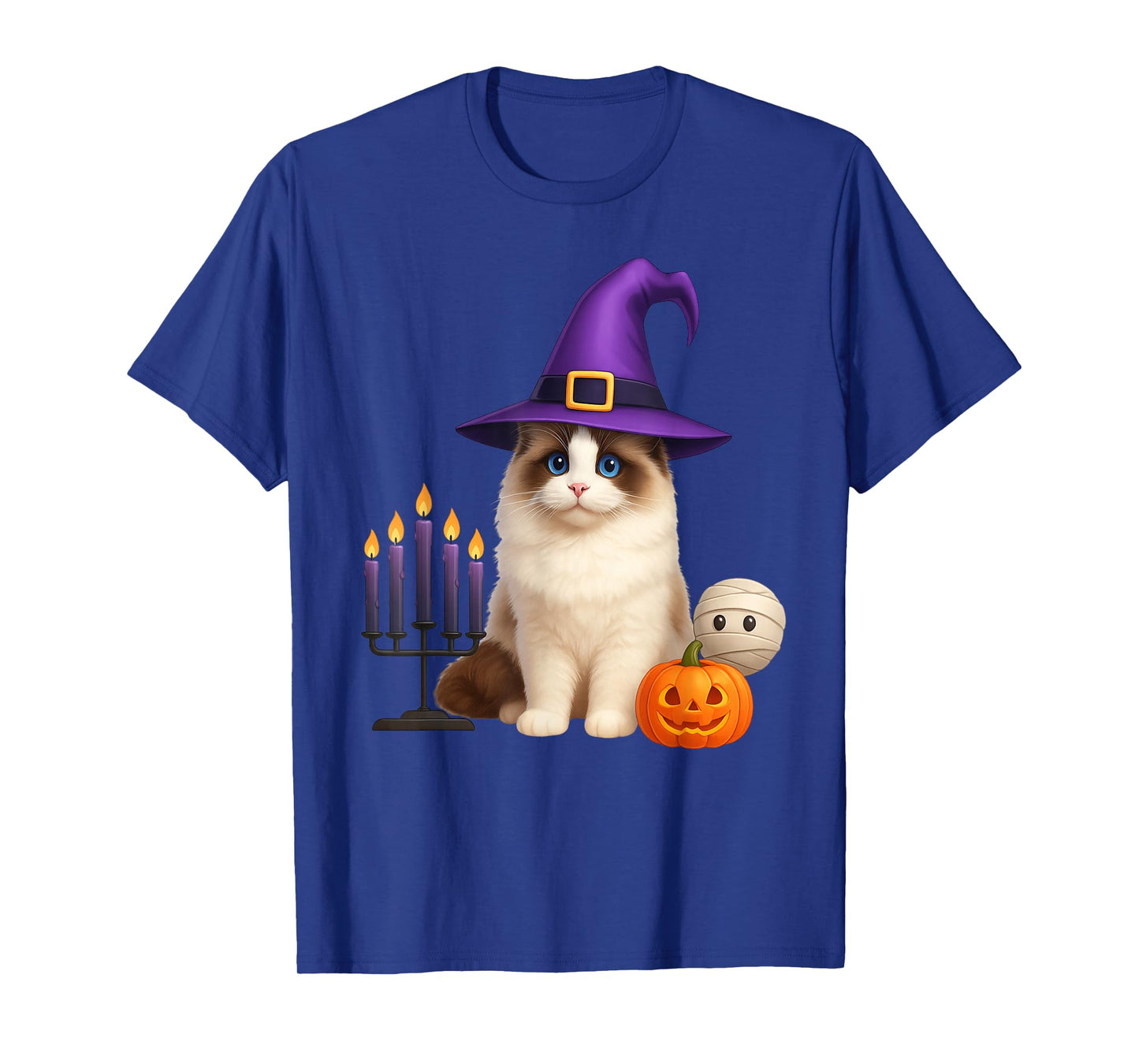 Men Women Kids Cute Pumpkin Witch Hat Ragdoll Cat Halloween T-Shirt