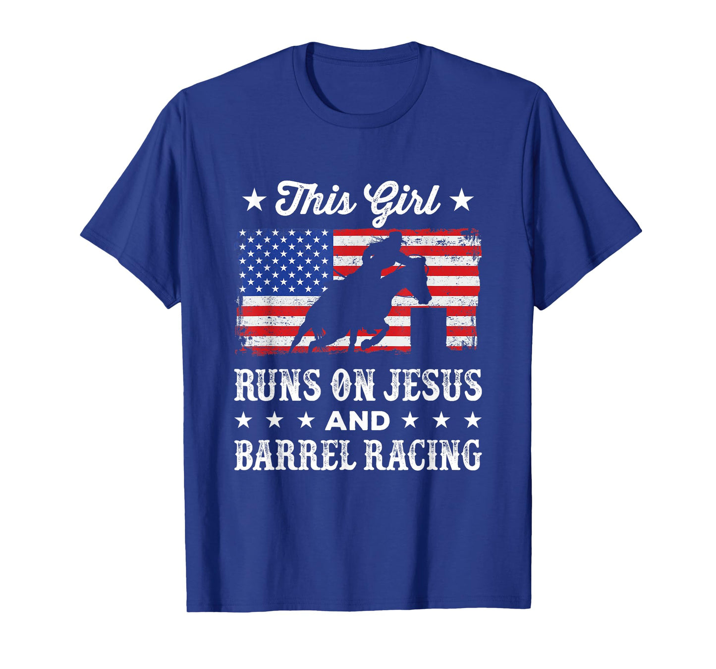 This Girl Runs on Jesus and Barrel Racing American Flag T-Shirt