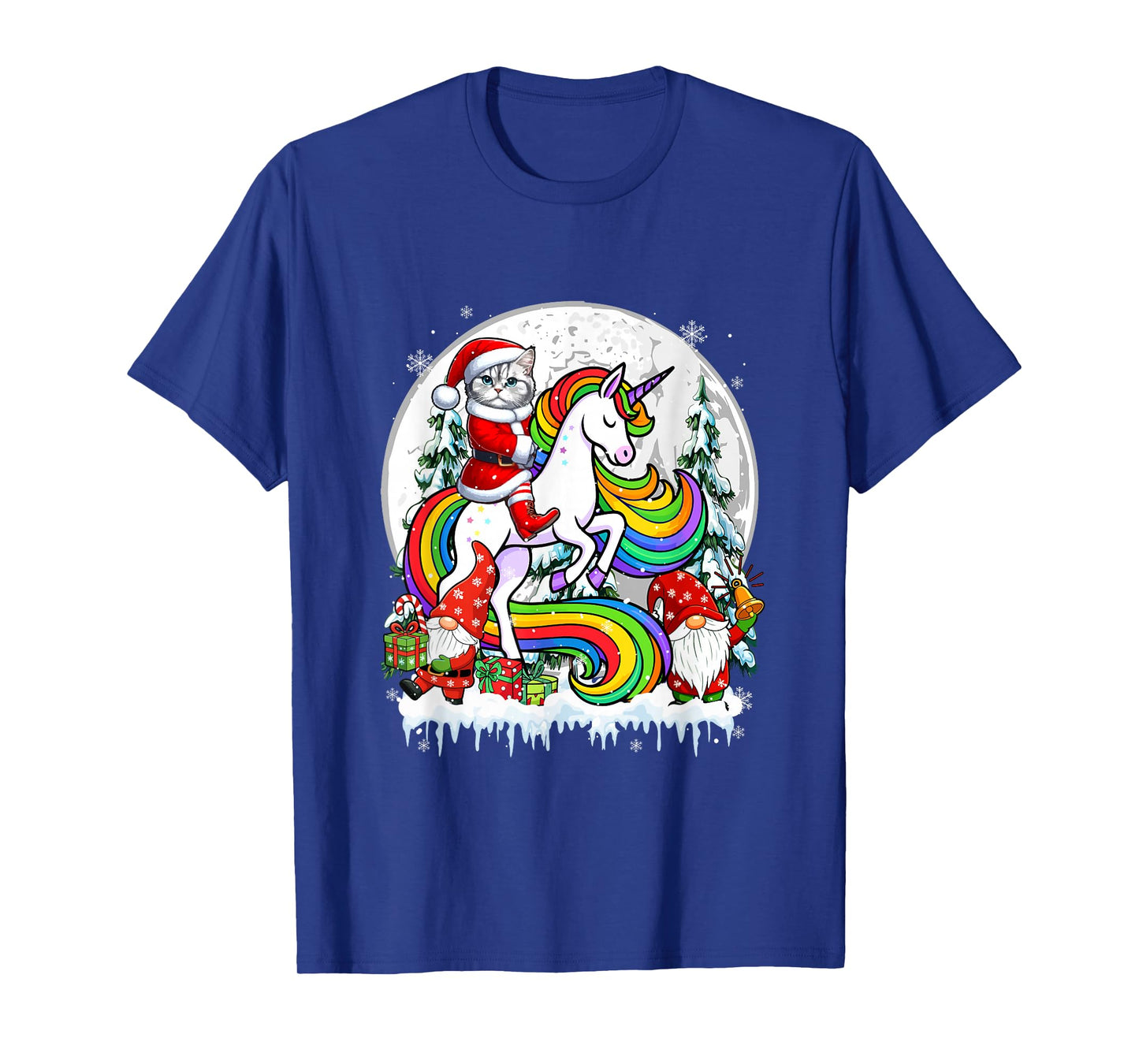 Santa Cat Riding Unicorn Gnomes Christmas Trees Family Kids T-Shirt
