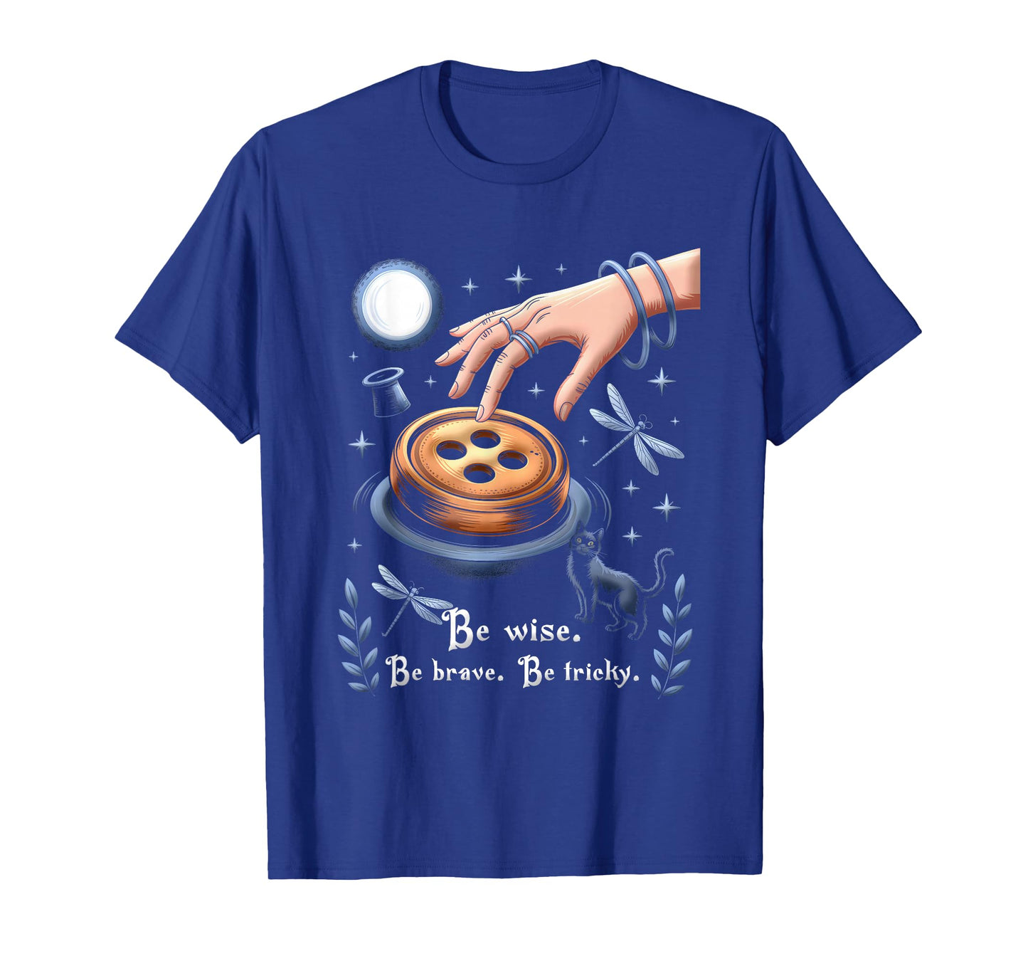 Be Wise Brave Be Tricky Halloween Witch Magic Button Cat T-Shirt