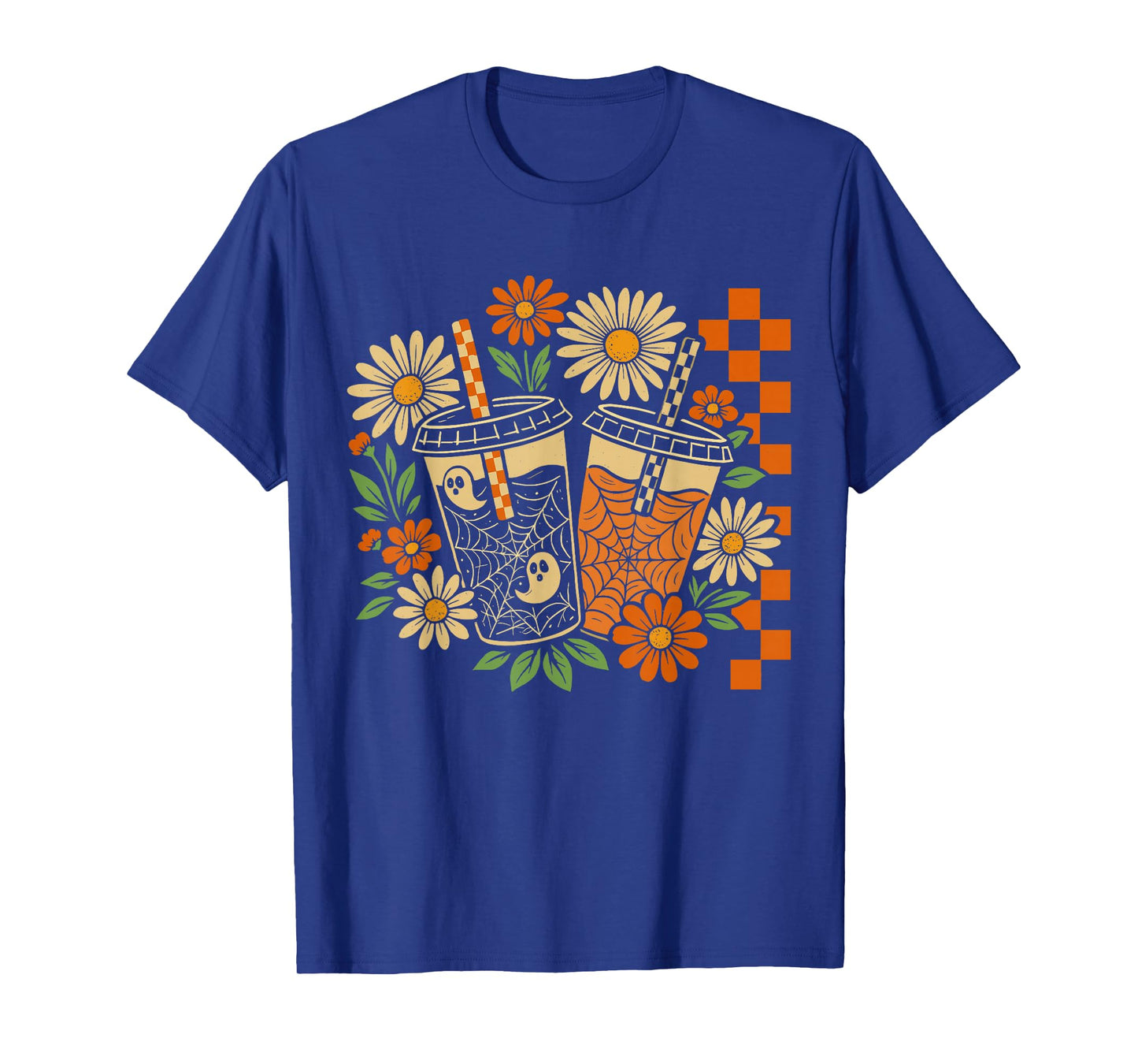 Vintage Halloween Spooky Boo Ghost Coffee Floral Checkered T-Shirt