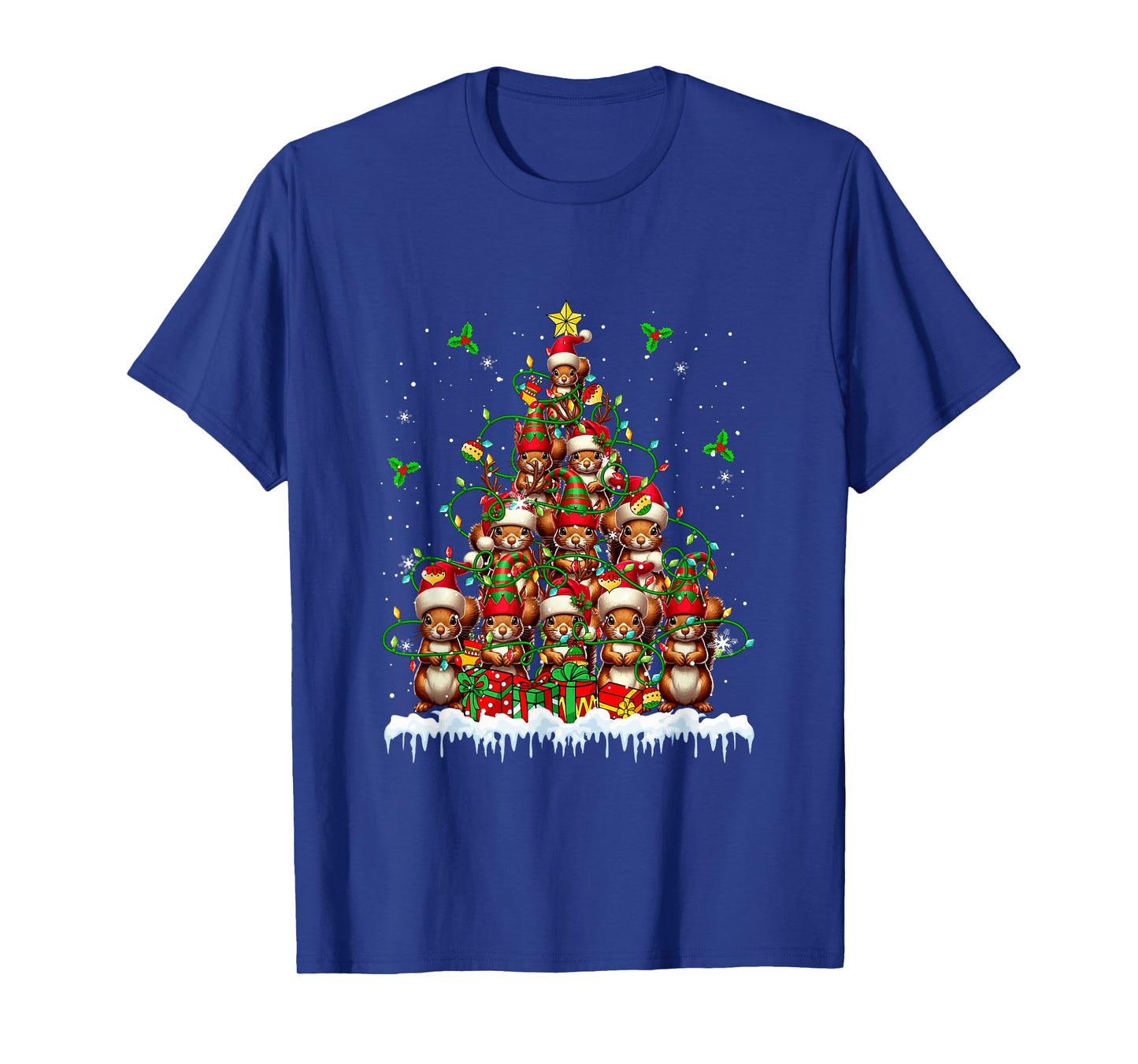 Group Santa Reindeer Elf Squirrels Xmas Tree Colorful Lights T-Shirt