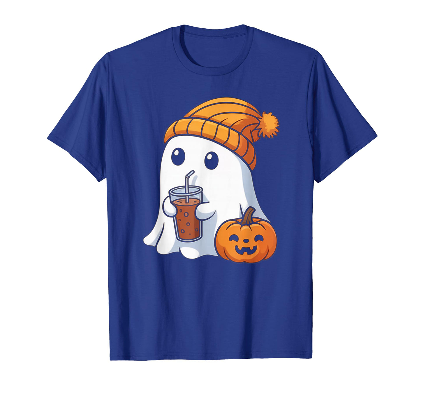 Spooky Cute Ghost Drinking Pumpkin Iced Coffee Halloween Bow T-Shirt
