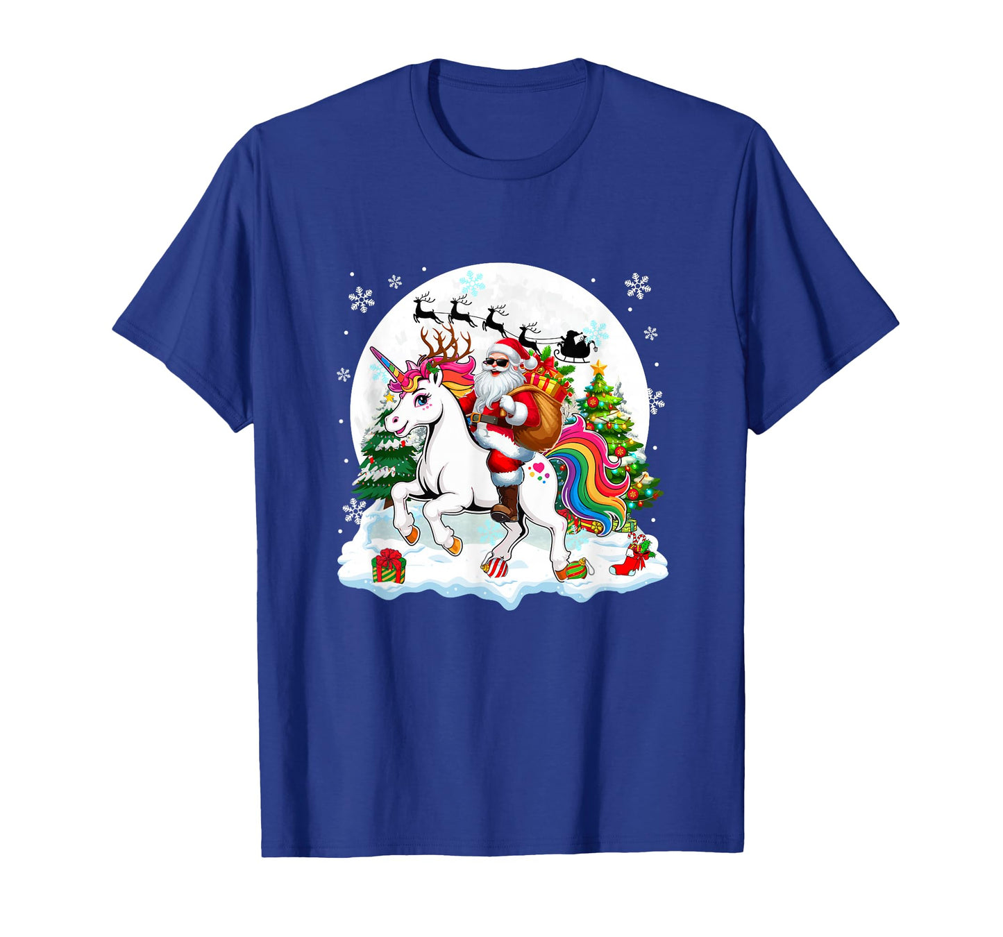 Santa Sunglasses Riding Unicorn Reindeer Christmas Snowman T-Shirt