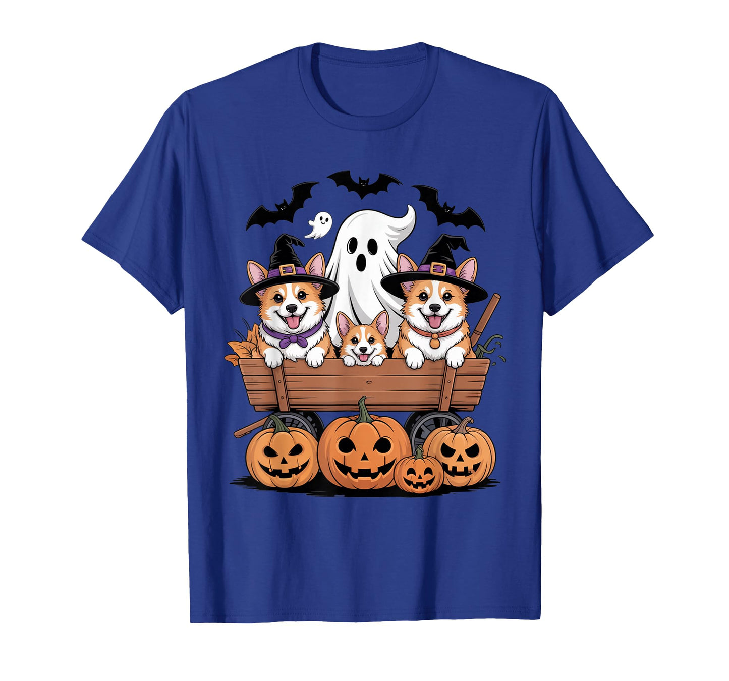 Cute Dogs Halloween Wagon Witch Hats Ghost Pumpkins Spooky T-Shirt